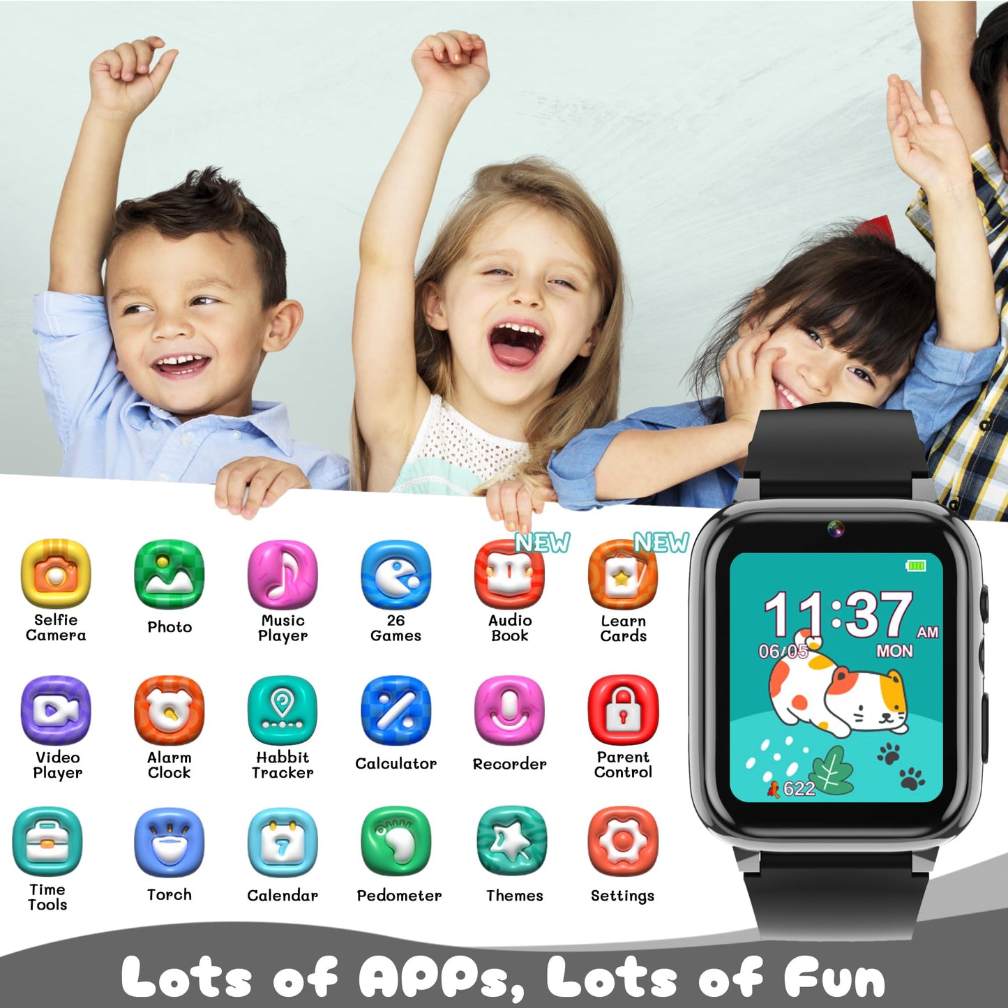 Spodus Kids Smart Watch Learning Watches Toys For Boys With Kids Games Learning Card Step Counter Audio Book Alarm Calendar (Bla