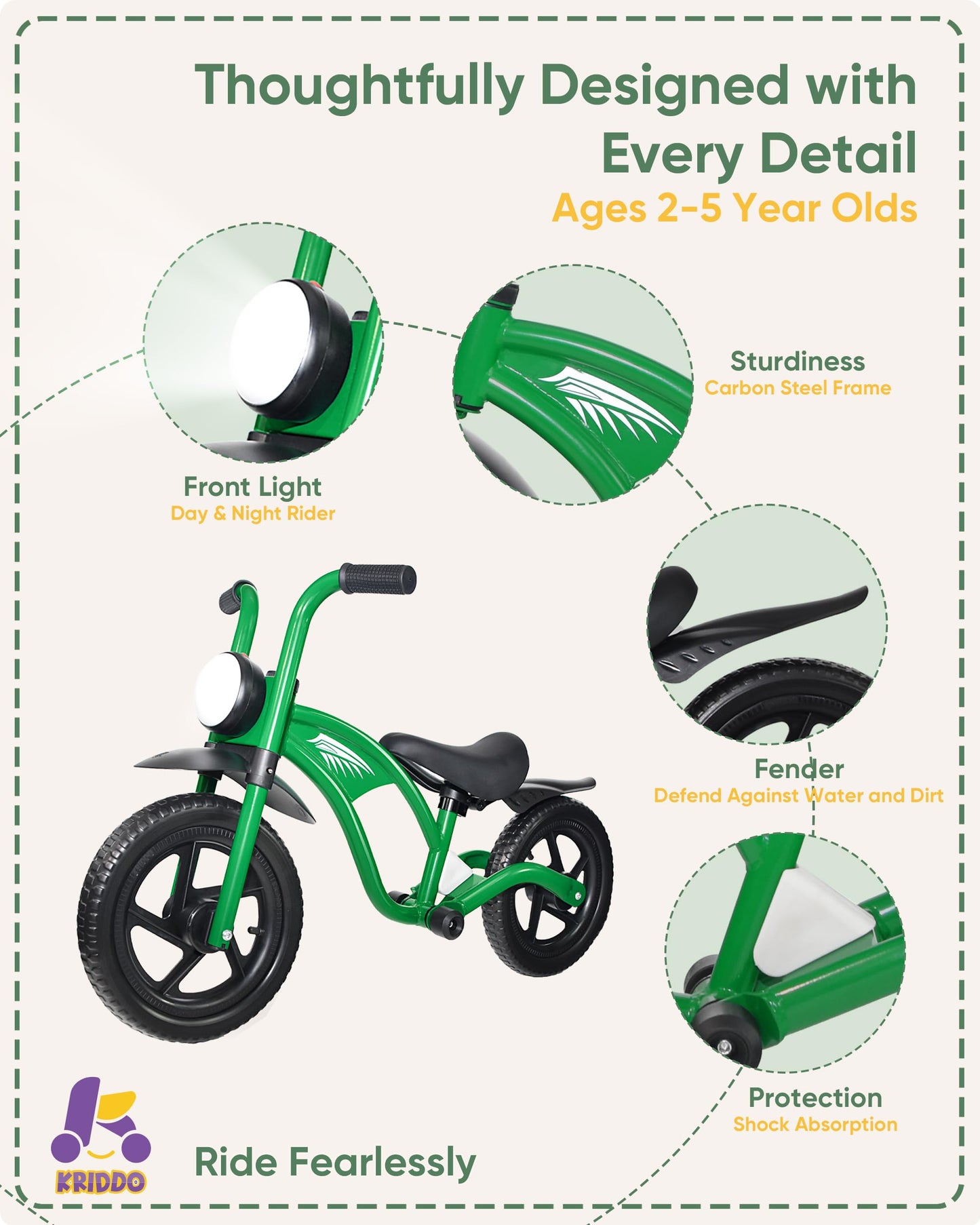 Kriddo Kids Balance Bike For 2-5 Years, With Front Light, Upgraded Tires For All Terrain, Upgraded Bearing For Smooth And Stable Riding, Front And Rear Fenders, Adjustable Seat, Green