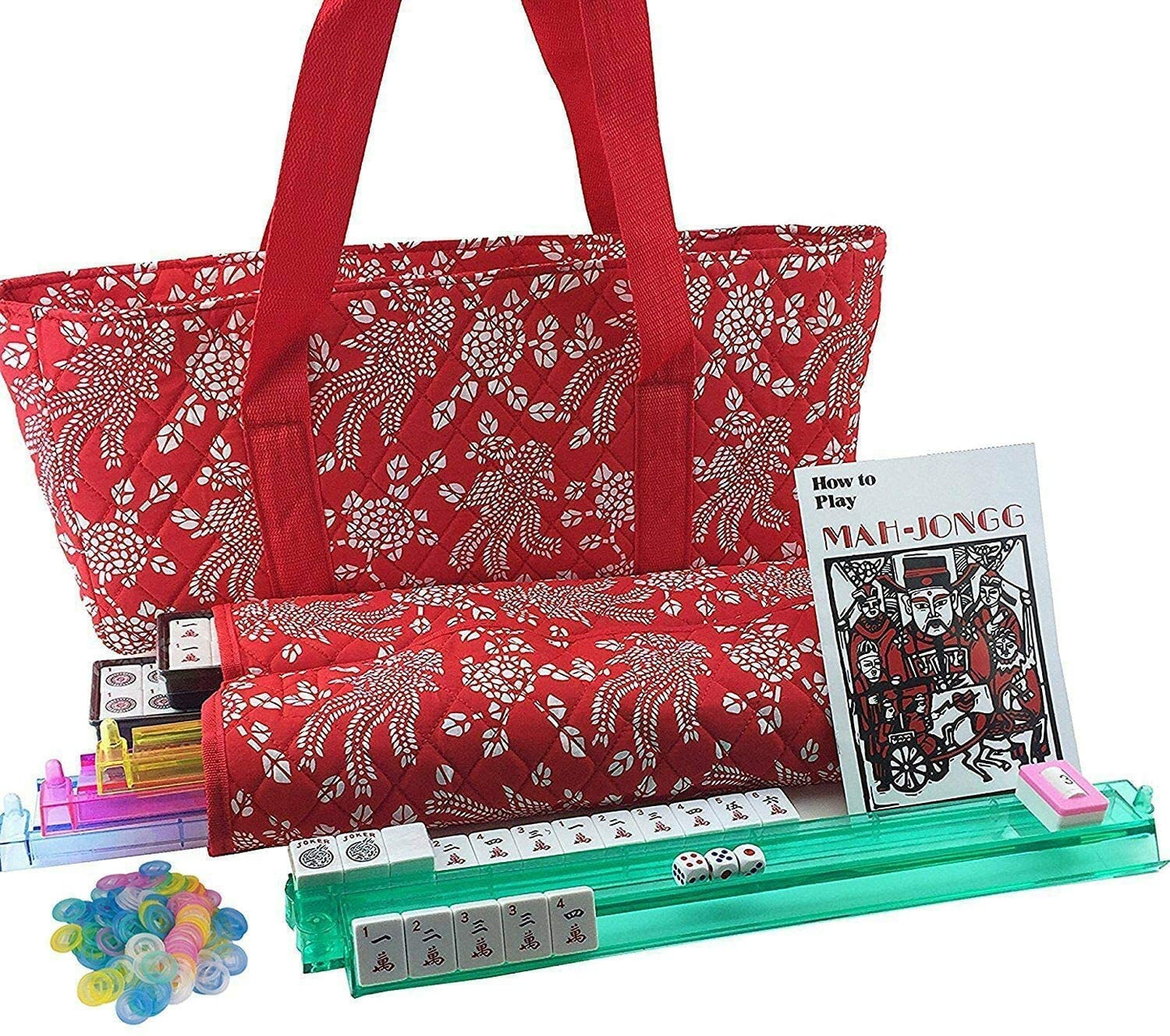 Usamjtable American Mahjong Set 166 Tiles 4 All In One Pusher Rack Combo (Phoenix Red)