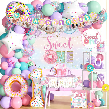 Hombae Sweet One Birthday Party Decorations - 128 PCs Donut Themed Birthday Party Supplies with Sweet One Backdrop, Donut Foil B