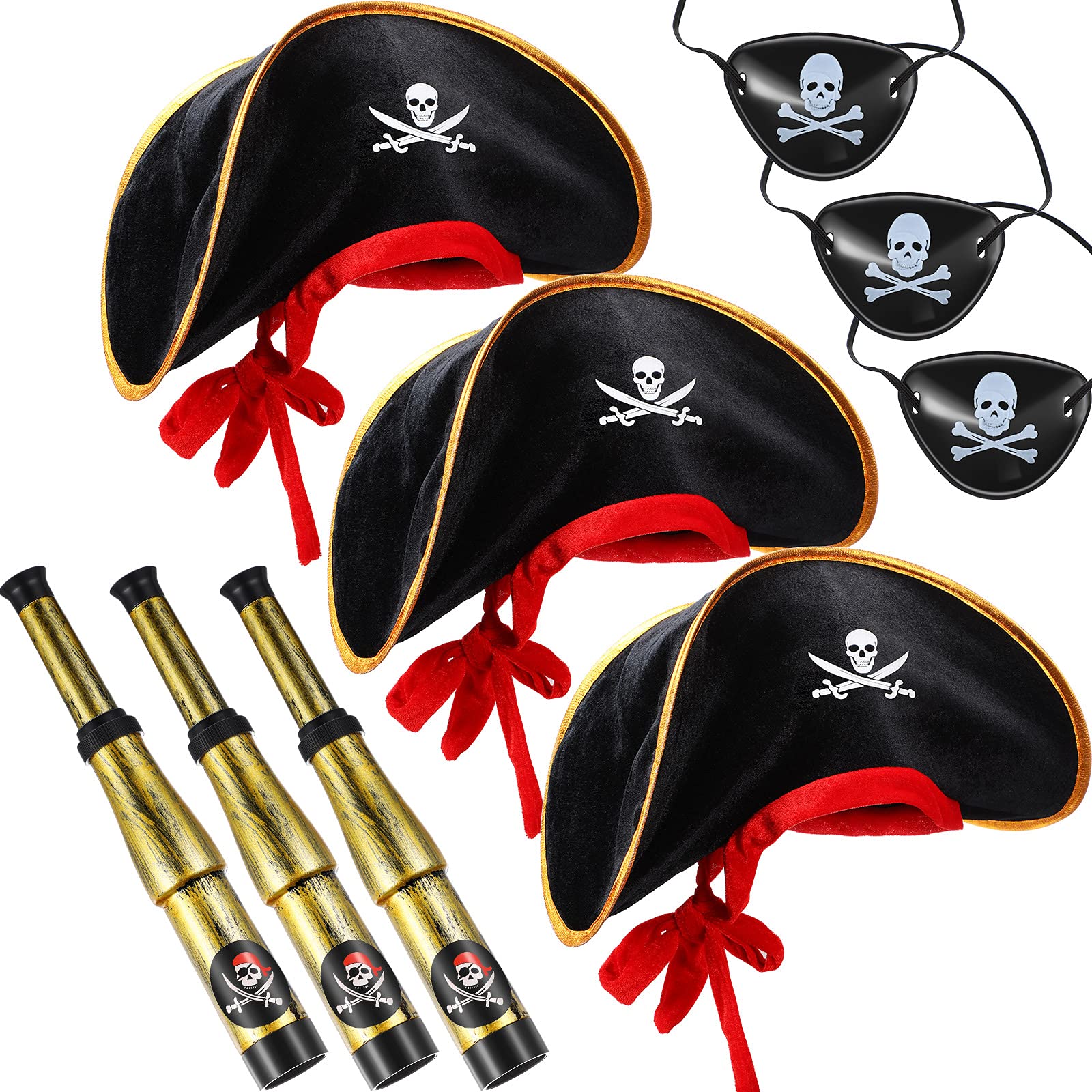 Skylety 9 Pieces Pirate Costume Accessories Telescopes Eye Patches for Halloween Cosplay (Pirate Captain Hat)