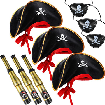 Skylety 9 Pieces Pirate Costume Accessories Telescopes Eye Patches for Halloween Cosplay (Pirate Captain Hat)
