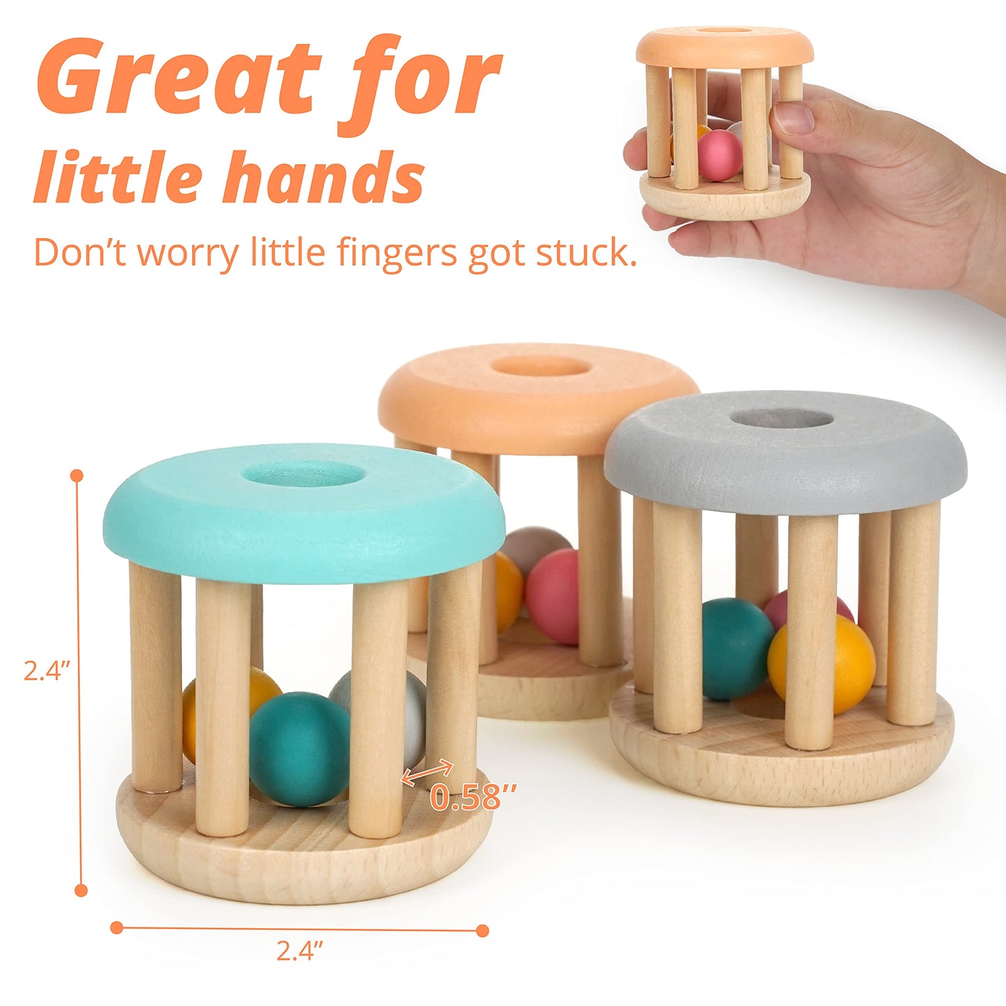 Duckboxx Xx Wooden Rattle Rollers For Babies Ages 0M - 2Yrs (Burlywood Base - 3Pcs)