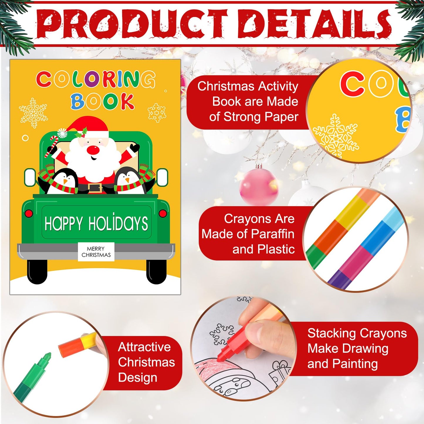 Zhanmai 64 Pcs Christmas Coloring Book with Stacking Crayons for Kids Bulk Santa Claus Snowman Elk Penguin Elf Gingerbread Holid