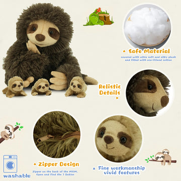 Yohaki Sloth Plush Animal, 11.02'' Cute Stuffed Sloth With 3 Baby Sloths, Easter Stuffed Sloth Animal, Washable Plush Toys, Cute