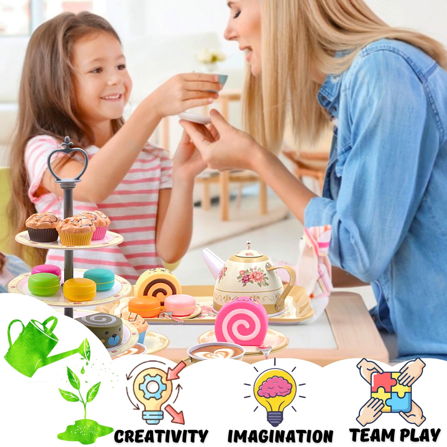 Tea Party Set for Little Girls Pretend Play for Toddlers Princess Tea Time, 39 Pcs Kids Tin Tea Set Cups, Teapot, Plastic Cakes