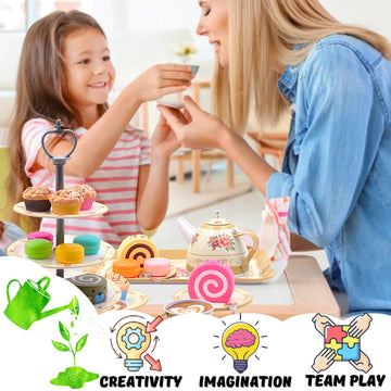 Tea Party Set for Little Girls Pretend Play for Toddlers Princess Tea Time, 39 Pcs Kids Tin Tea Set Cups, Teapot, Plastic Cakes
