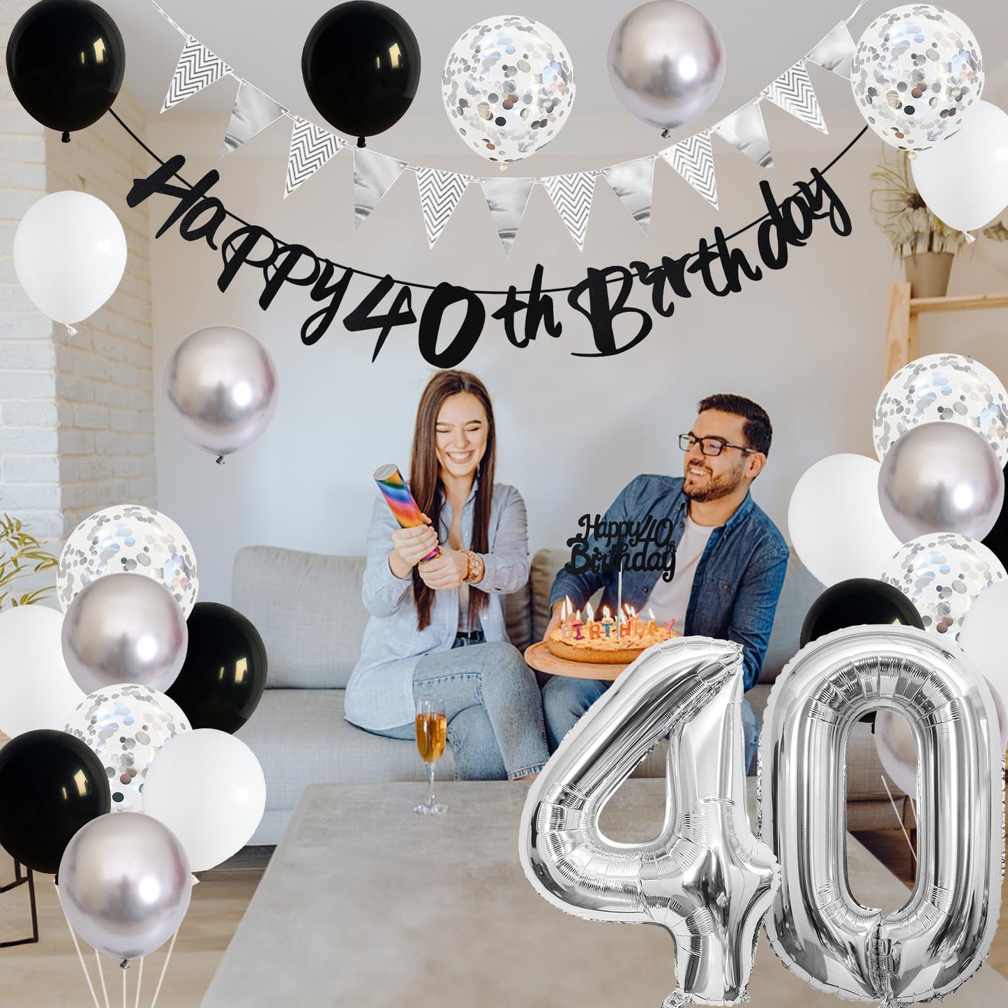 40Th Birthday Decorations For Women Men, Black Silver White 40Th Birthday Balloons, Black Happy 40Th Birthday Banner Birthday Ca