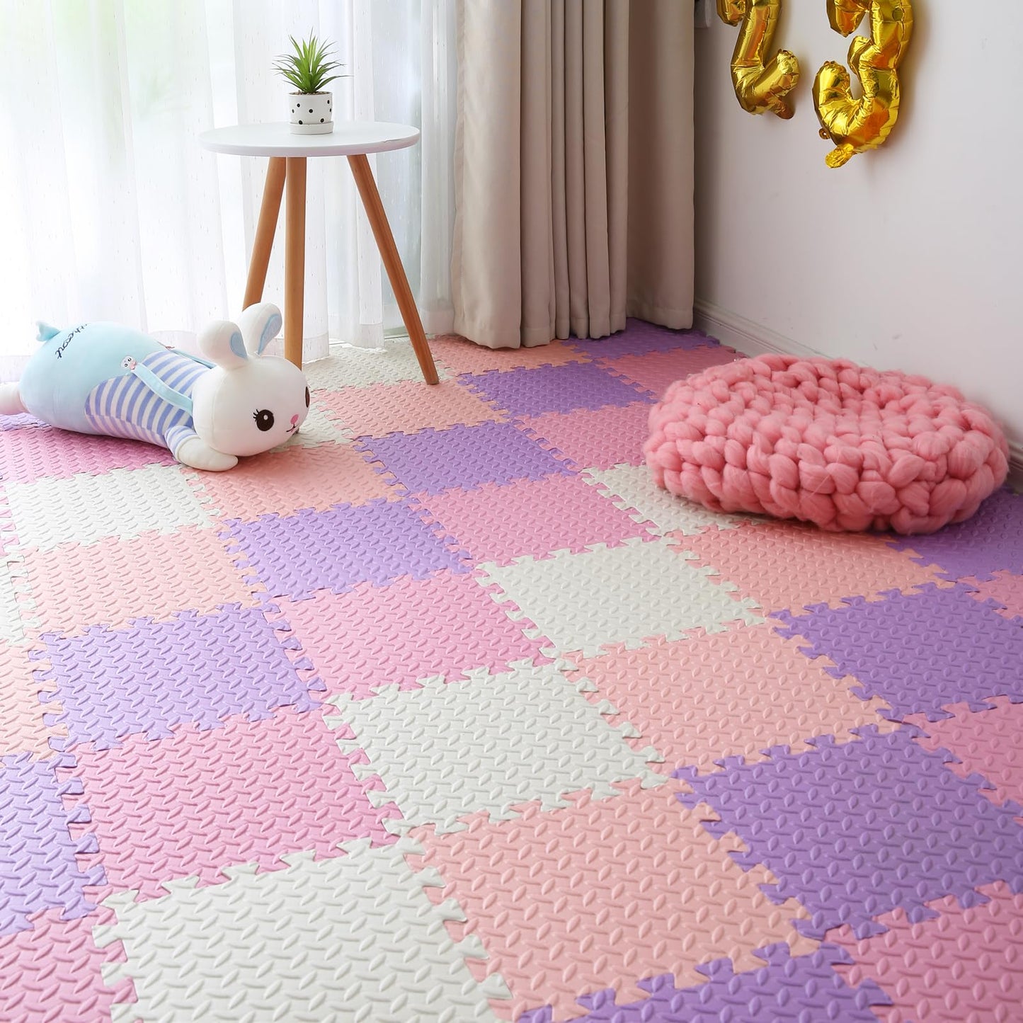 Foam Play Mat For Baby, 0.4 Inch Thick Foam Interlocking Floor Mats, Soft Non-Toxic Baby Playmat, Solid Colored Puzzle Play Mat Kids Floor Mats, 16 Tiles, White/Purple/Pink/Loli Pink