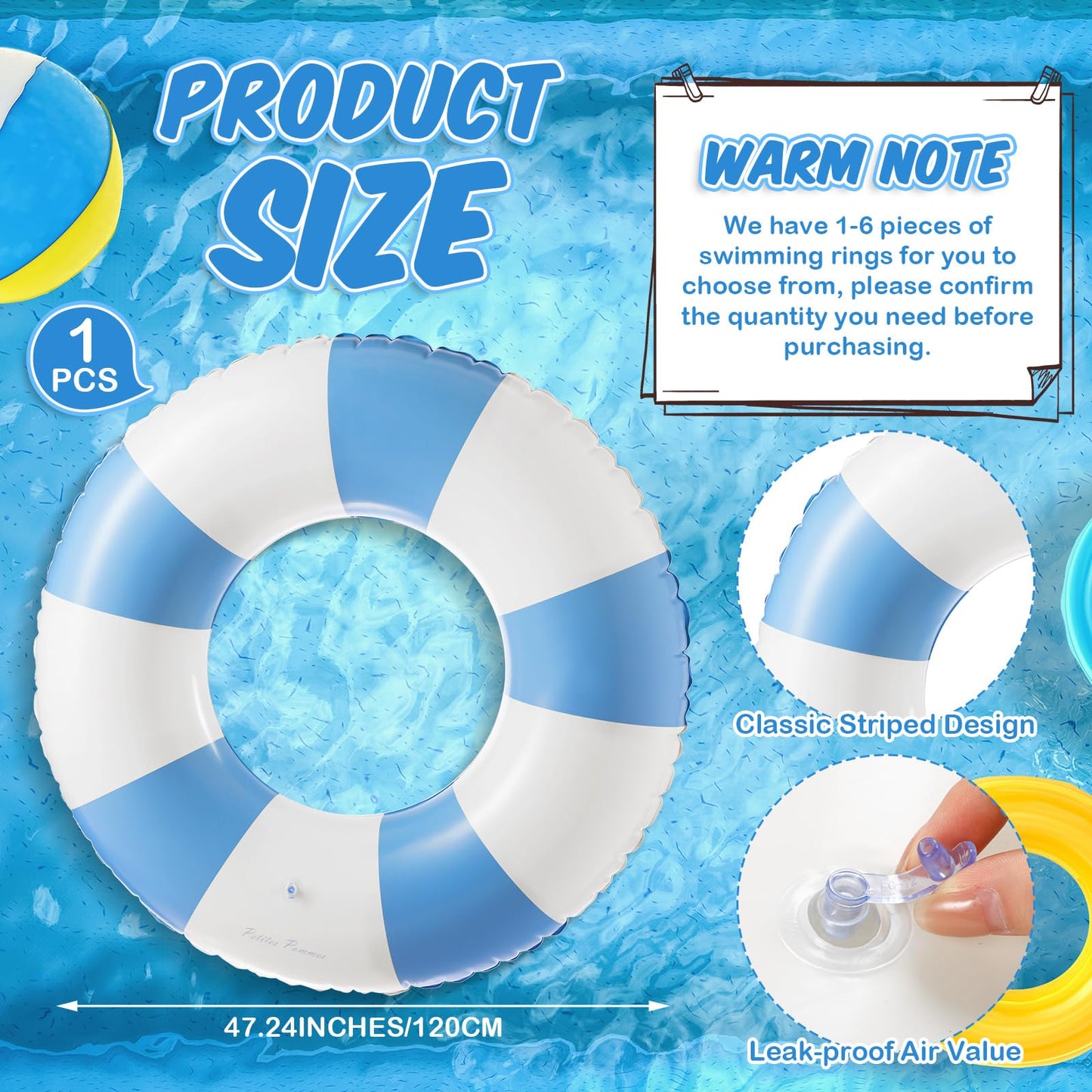Foilswirl 6 Pcs 47.24 Inch Swimming Ring Jumbo Pool Floats Striped Pool Rings Inflatable Tube for mature-themed Swimming Summer Beach Bachelorette Wedding Party Decor