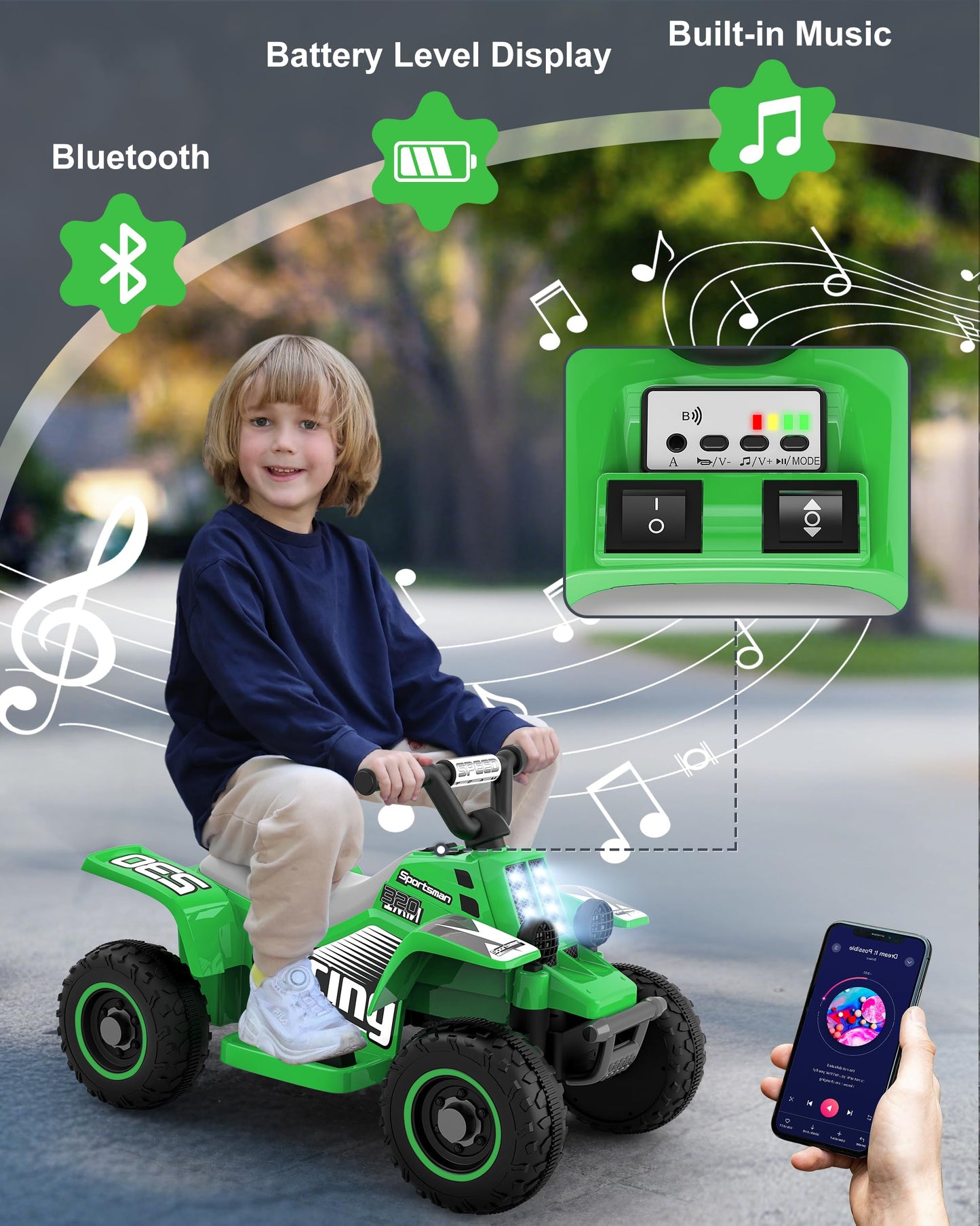 Anpabo 6V 7Ah Kids Atv Ride On Toy, 4 Wheeler For Toddler W/Headlight, Forward & Reverse, Horn, Music Player, Usb, Mp3, Treaded