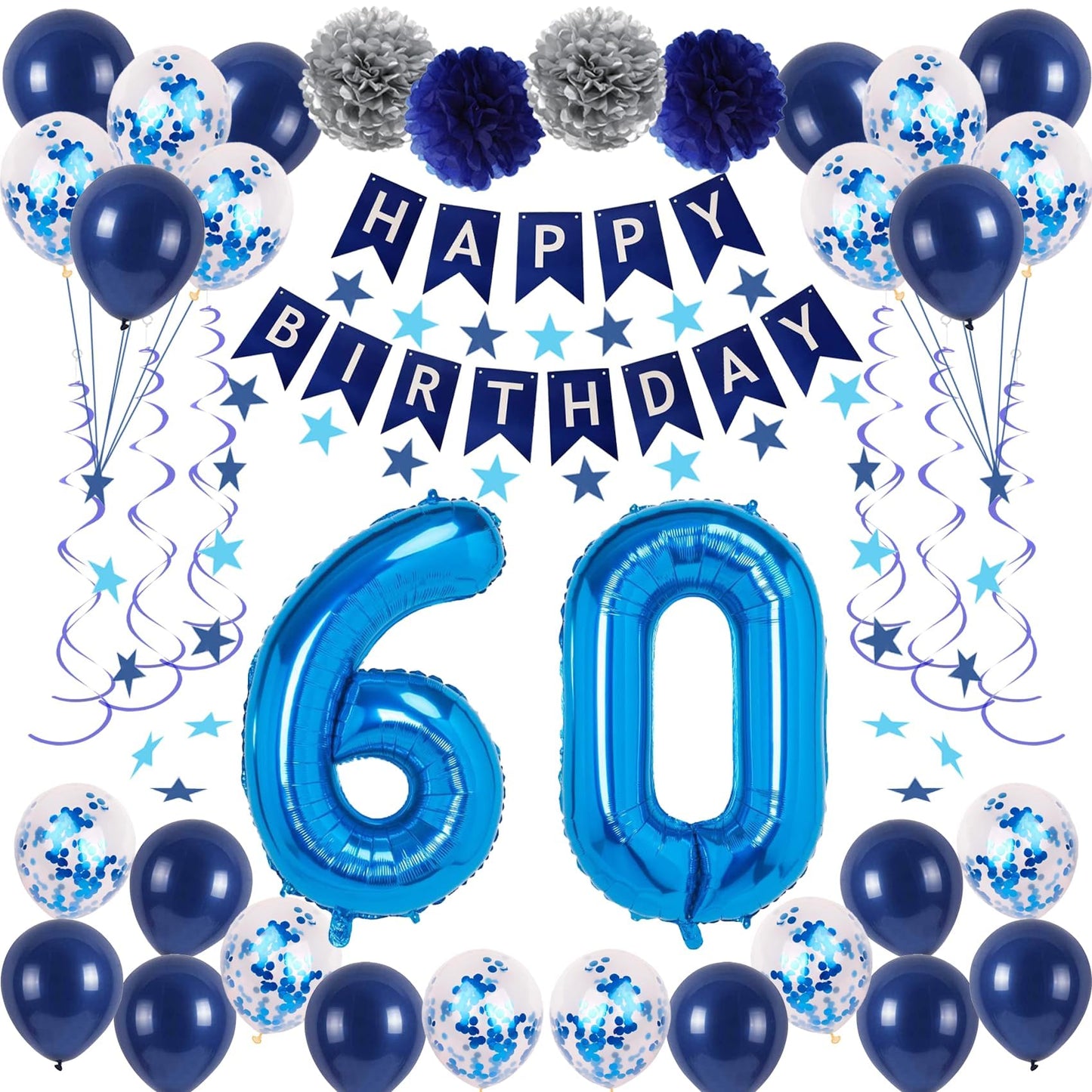 Naninuneno 60Th Blue Birthday Party Decorations For Boy Girl Men Women, Happy 60 Birthday Balloons Supplies With Happy Birthday