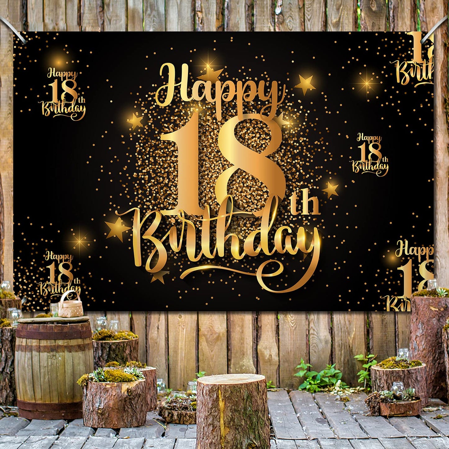 Happy 18Th Birthday Backdrop Banner Step And Repeat 18 Years Old Background Decorations For Women Men Her Him Photography Party Supplies Glitter Black Gold