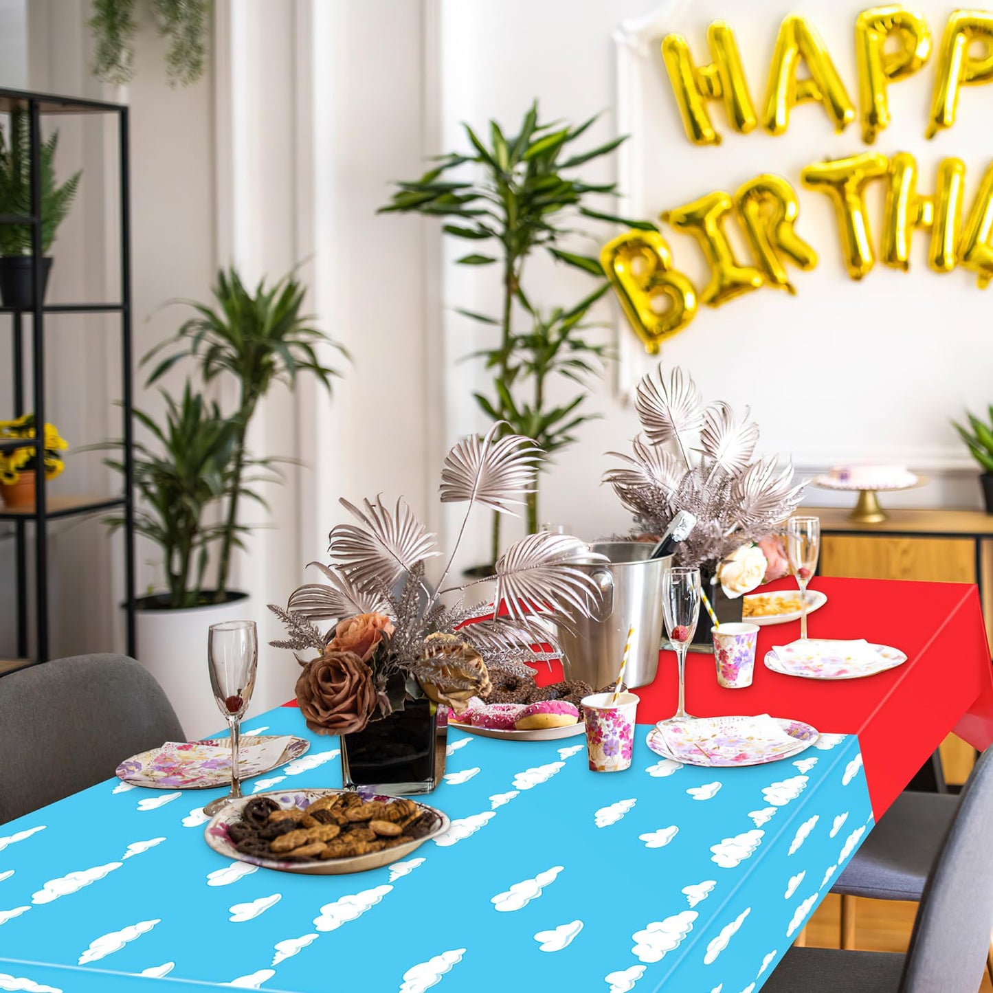 NOVWANG Kids Story Tablecloth, 4 Pack Blue Sky White Cloud Tablecloth Mix Color Toy Inspired Tablecloth Disposable Cow Table Cov