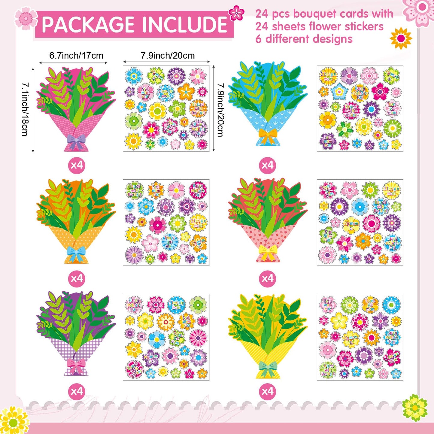 Fullhawl 24 Sets Mothers Day DIY Craft Kits Make Your Own 3D Flower Bouquet Best Mom Flowers Stickers for Happy Mothers Day Bi