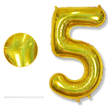 5 Balloons Number Laser Gold, 40 Inch Mylar Number 5 Balloons Self Inflating For Boys, Giant Foil Helium Iridescent Globos Dorad