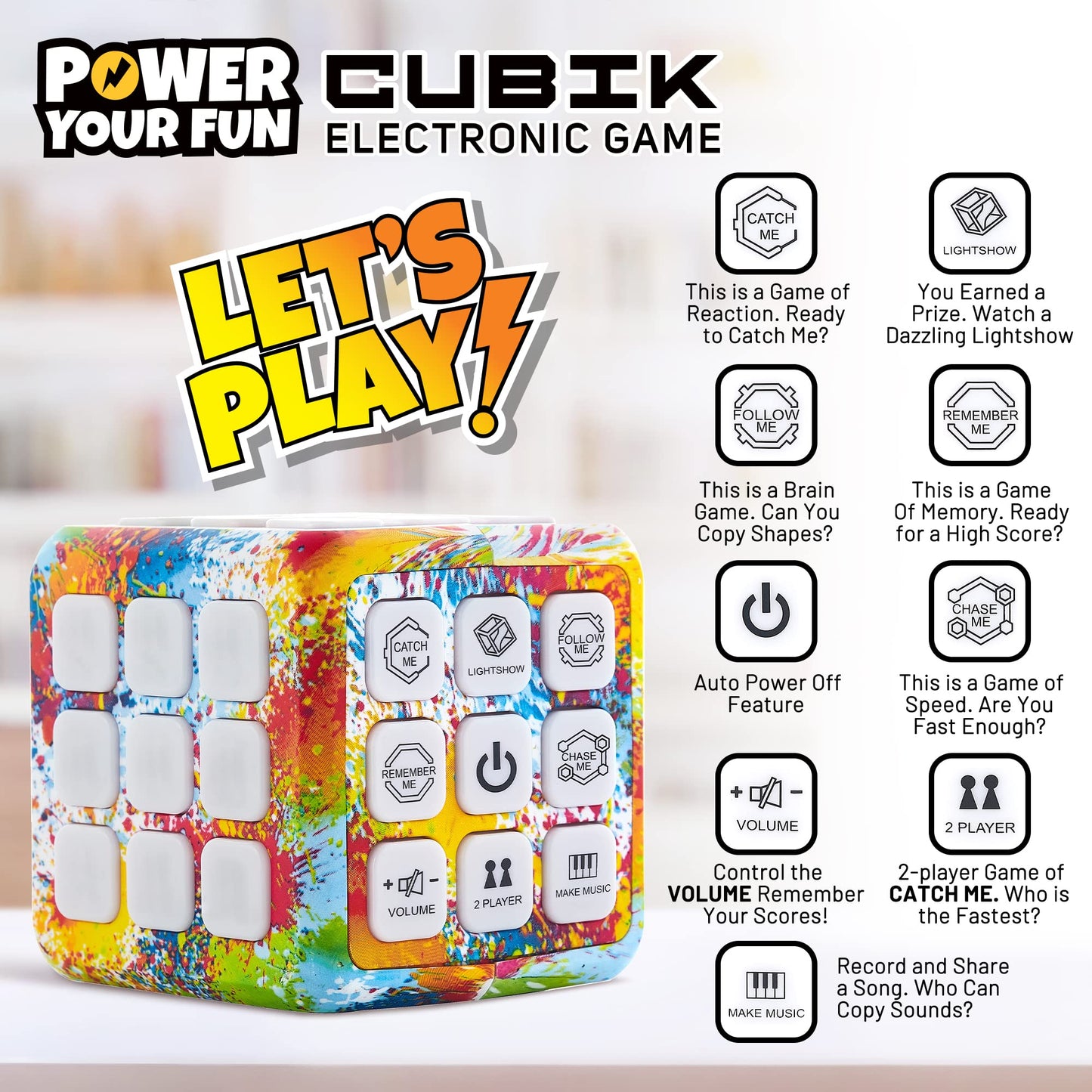 Power Your Fun Cubik Led Flashing Cube Memory Game - Electronic Handheld Game, 5 Brain Memory Games For Kids Stem Sensory Toys Brain Play Puzzle Fidget Light Up Cube Stress Relief Fidget Toy (Tie Dye)