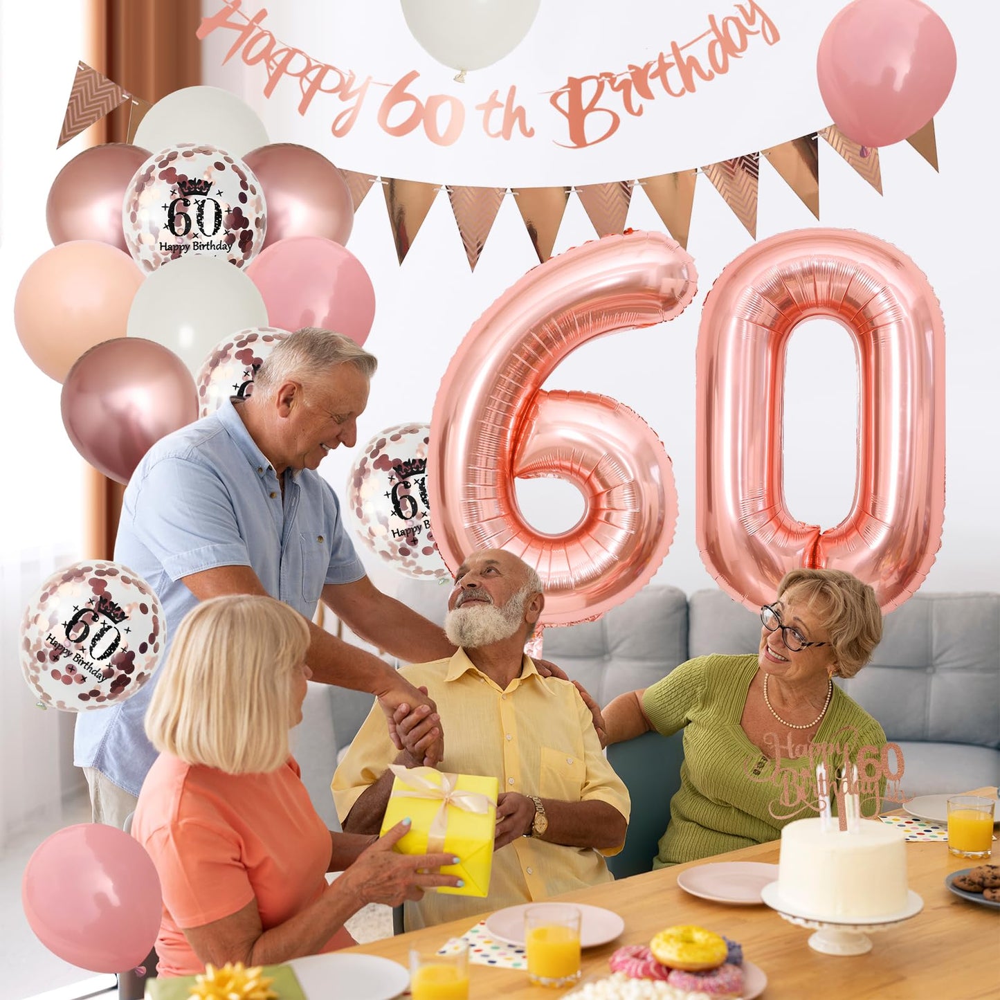 60Th Birthday Decorations Retro Pink Rose Gold,60Th Birthday Balloons,Happy 60Th Birthday Banner With Cake Toppers Rose Gold Num