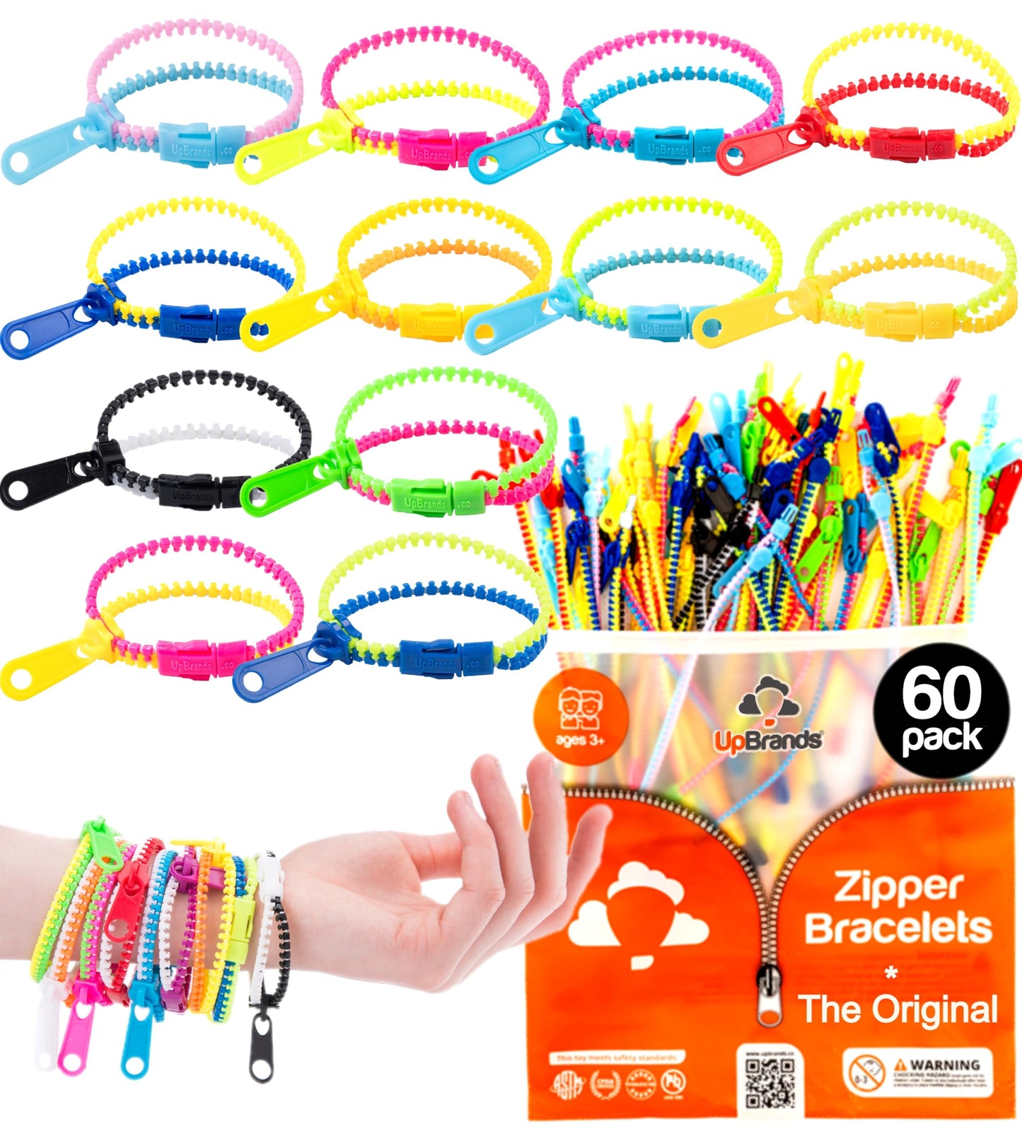 Upbrands 60 Party Favors For Kids, Friendship Zipper Bracelets 7 1/2” Sensory Bulk Set, Fidget Toys, Kit For Valentines, Birthday, Goodie Bags, Pinata Filler, Easter Egg Hunt Toys, Classroom Rewards