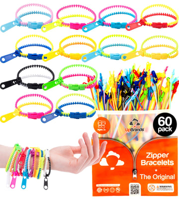 Upbrands 60 Party Favors For Kids, Friendship Zipper Bracelets 7 1/2” Sensory Bulk Set, Fidget Toys, Kit For Valentines, Birthday, Goodie Bags, Pinata Filler, Easter Egg Hunt Toys, Classroom Rewards