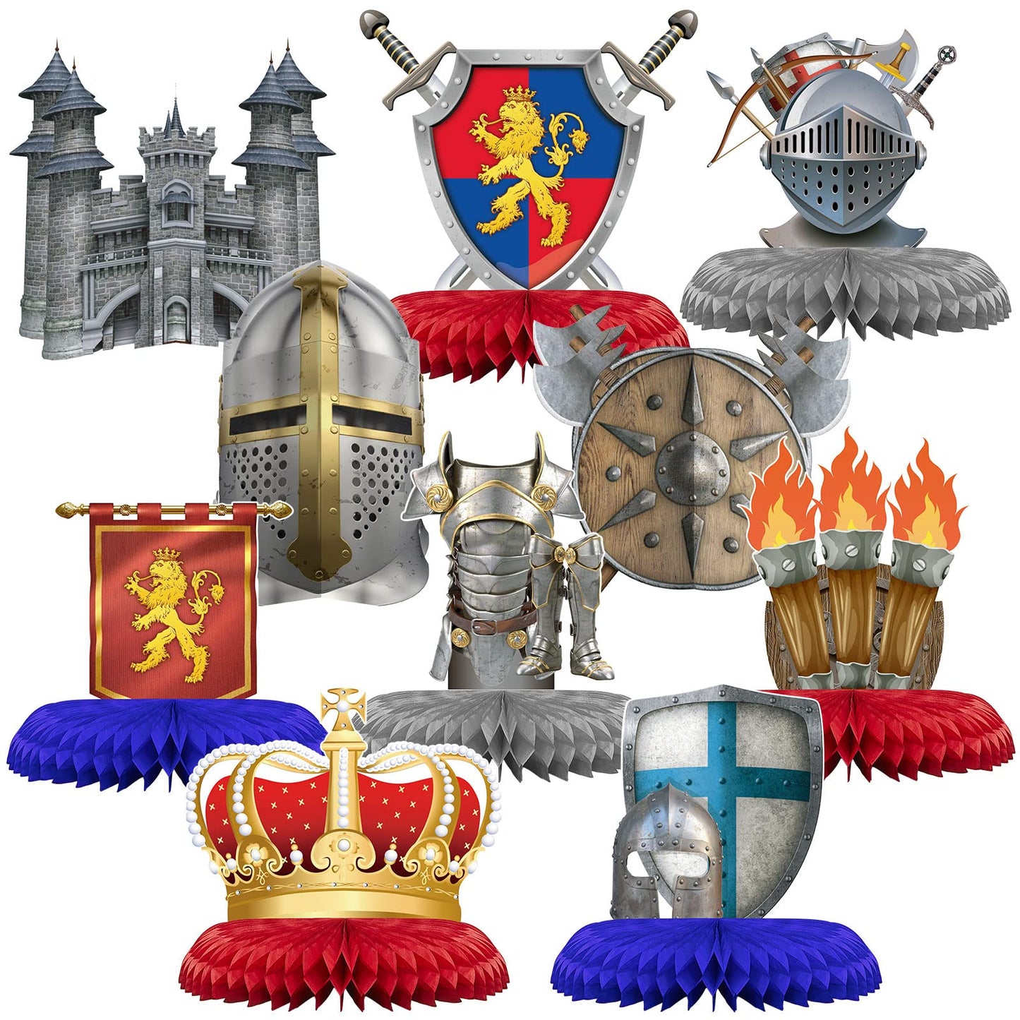 Gersoniel 10 Pcs Medieval Knight Birthday Party Decorations Castle Honeycomb Centerpiece Knight Action Figures Table Topper for 