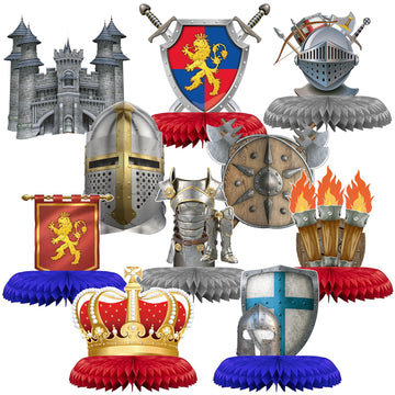 Gersoniel 10 Pcs Medieval Knight Birthday Party Decorations Castle Honeycomb Centerpiece Knight Action Figures Table Topper for 