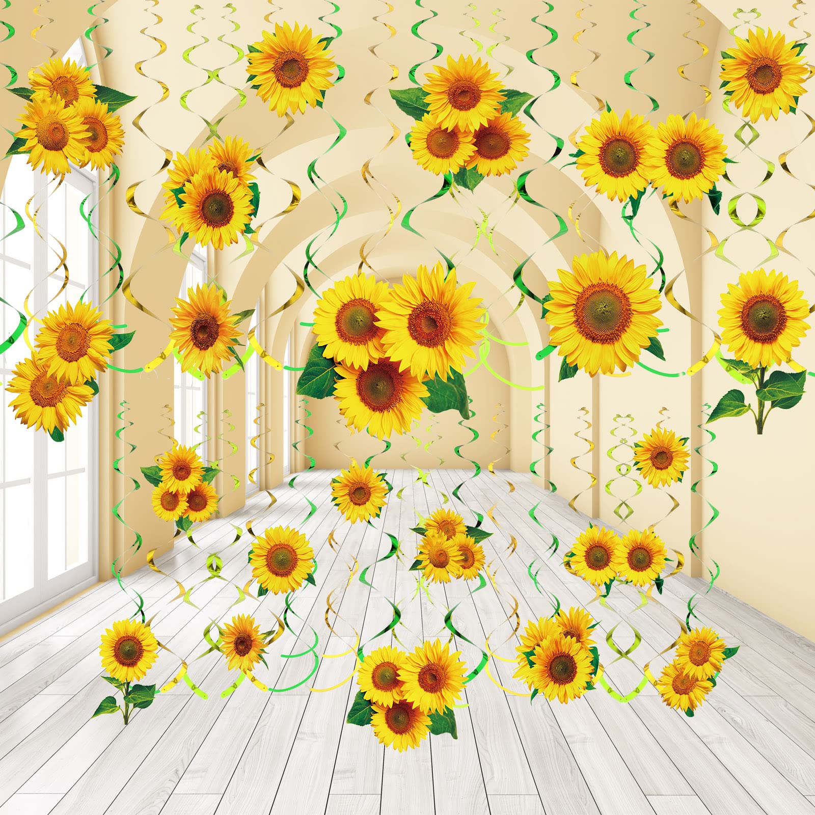Spakon 30 Pieces Sunflower Hanging Swirls Decorations Sunflower Foil Swirls Ceiling Wall Decor for Themed Birthday Baby Shower P