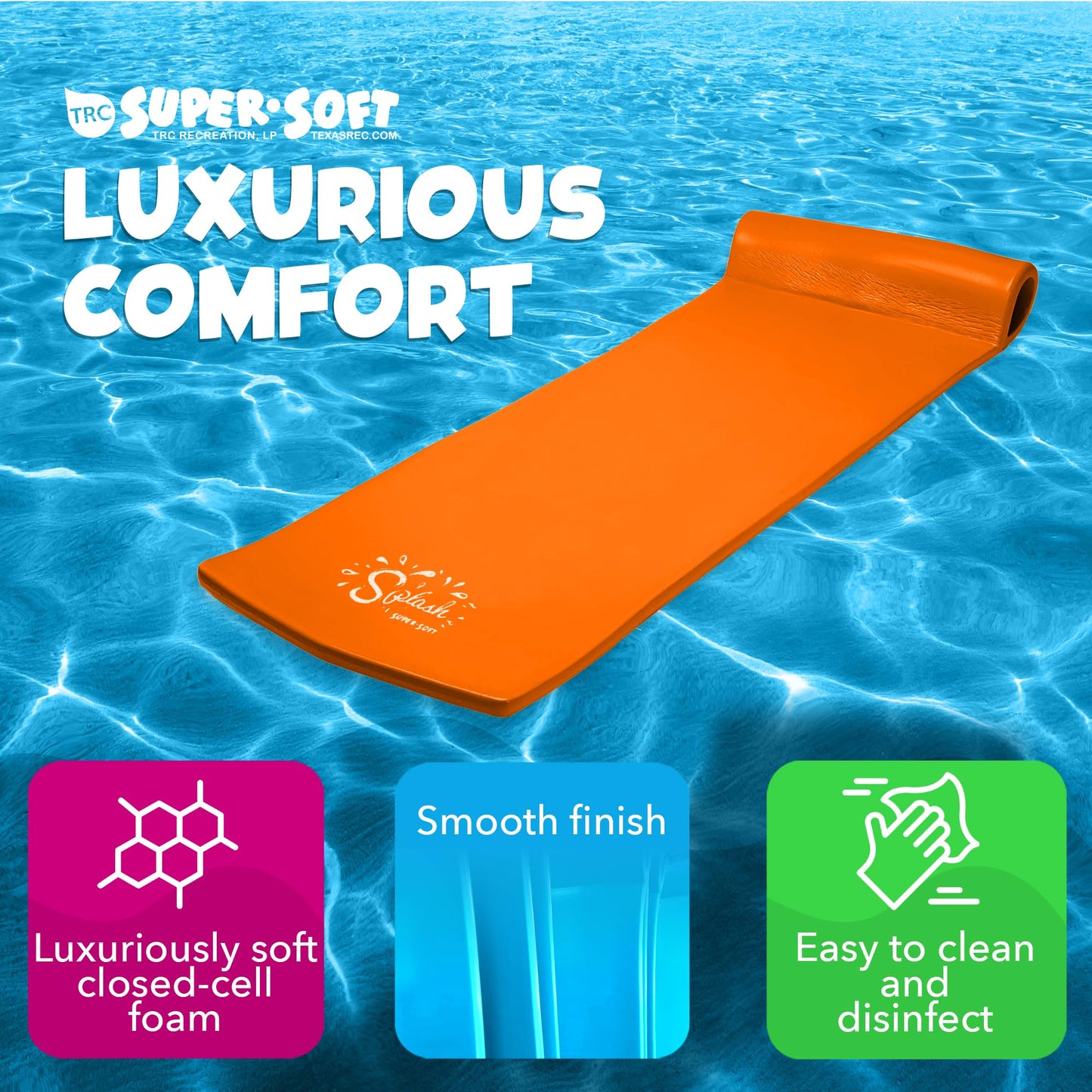 TRC Recreation Splash 1.25 Inch Thick Foam Swimming Pool Float Mat Large mature-themed Lounger with Built-in Roll Pillow  Sunset Orange