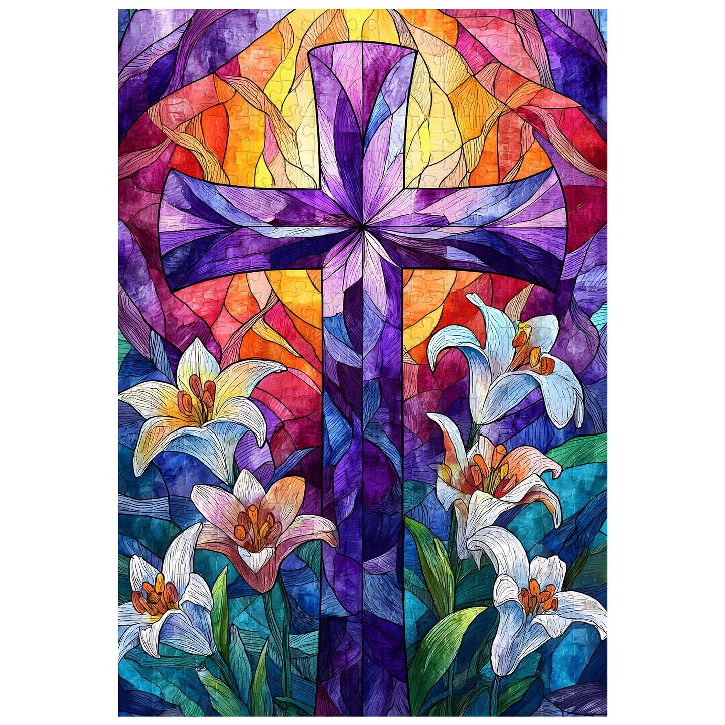 Great Jigsaw Puzzles for mature-themeds 300 Pieces Stained Glass Cross Lily Puzzles for mature-themeds Toys Gift Family Decoration Kids Puzzle
