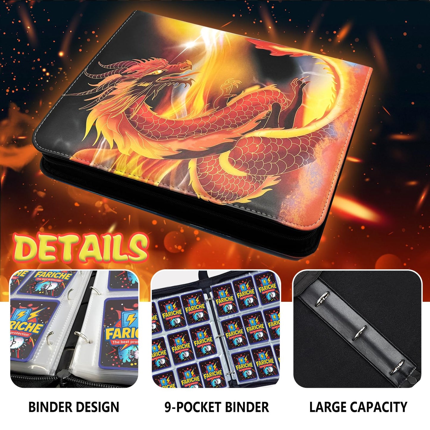 Trading Card Binder for TCG Cards  9-Pocket Portable Card Collector Ablum Holder Book Fits 900 Cards with 50 Removable Sleeve  Waterproof BKM Card Binder Display Storage Carrying Cases for TCG -Dragon