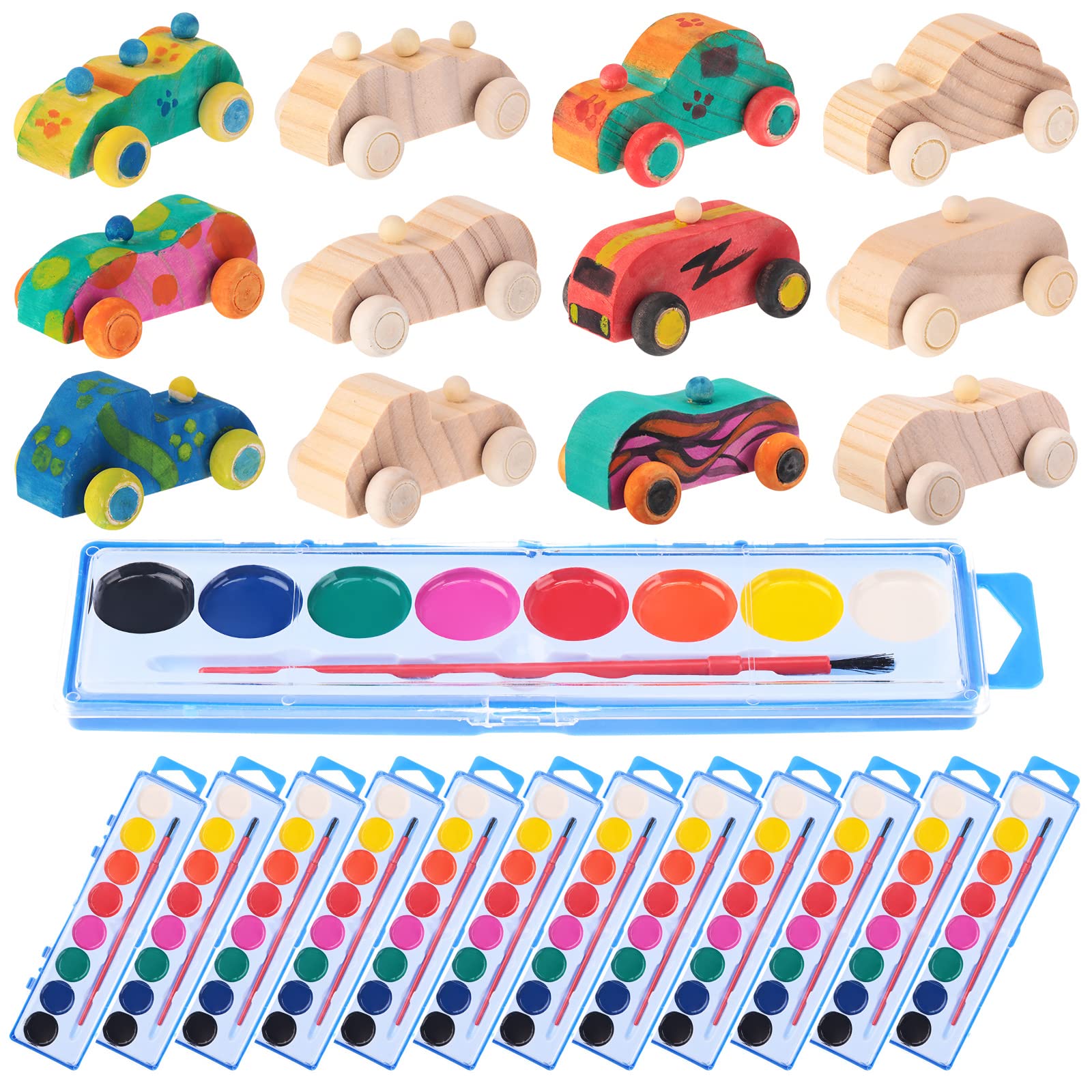 Leitee 12 Sets Unfinished Wooden Cars to Paint DIY Toys with Watercolor Paint Wooden Toy Cars Crafts for Wooden Car Party Favors