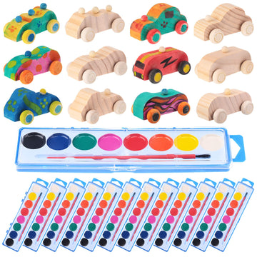 Leitee 12 Sets Unfinished Wooden Cars to Paint DIY Toys with Watercolor Paint Wooden Toy Cars Crafts for Wooden Car Party Favors