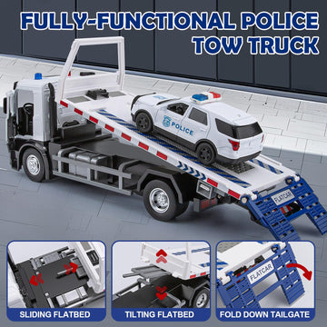 HAPYAD Police Tow Truck Toy Metal Cab, Flatbed Tow Truck Toys for Boys with Lights and Siren Sounds, Friction Powered Police Car