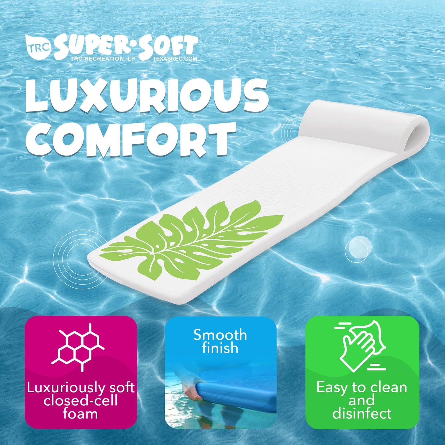 TRC Recreation Sunsation 1.75  Thick Vinyl Coated Foam Swimming Pool Float Mat mature-themed Lounger with Built-In Roll Pillow  White/Green Leaf