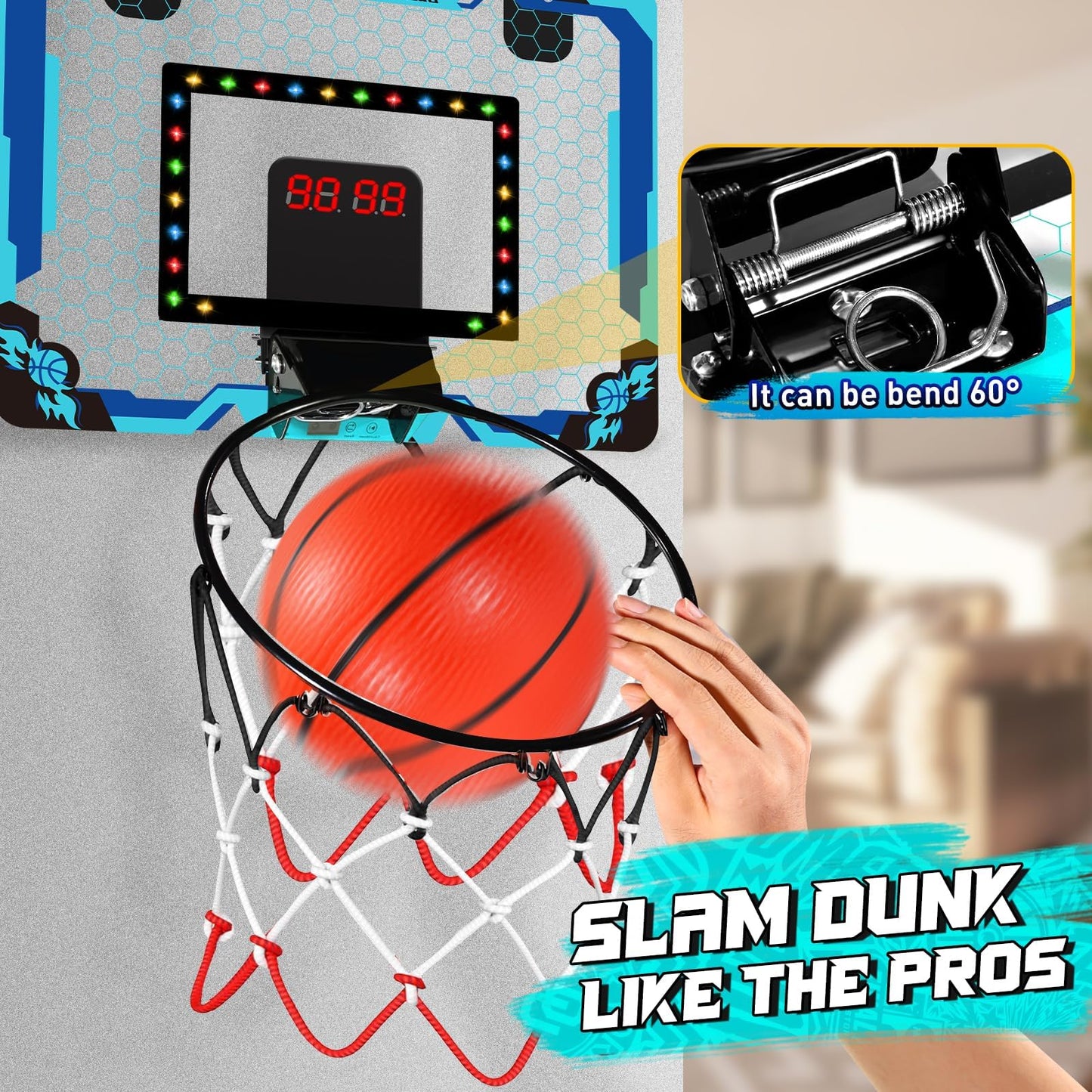 Basketball Hoop Indoor With Electronic Scoreboard & Timer, Led Light Mini Basketball Hoop For Kids, Over The Door Basketball Hoo