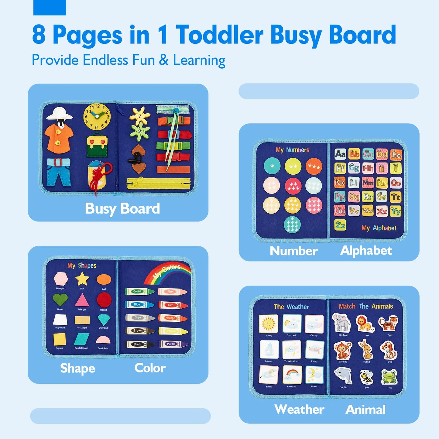 hahaland Busy Board - Montessori Learning Activities for Toddlers 2-4, Medium Size, Blue, Model CF-TBB01