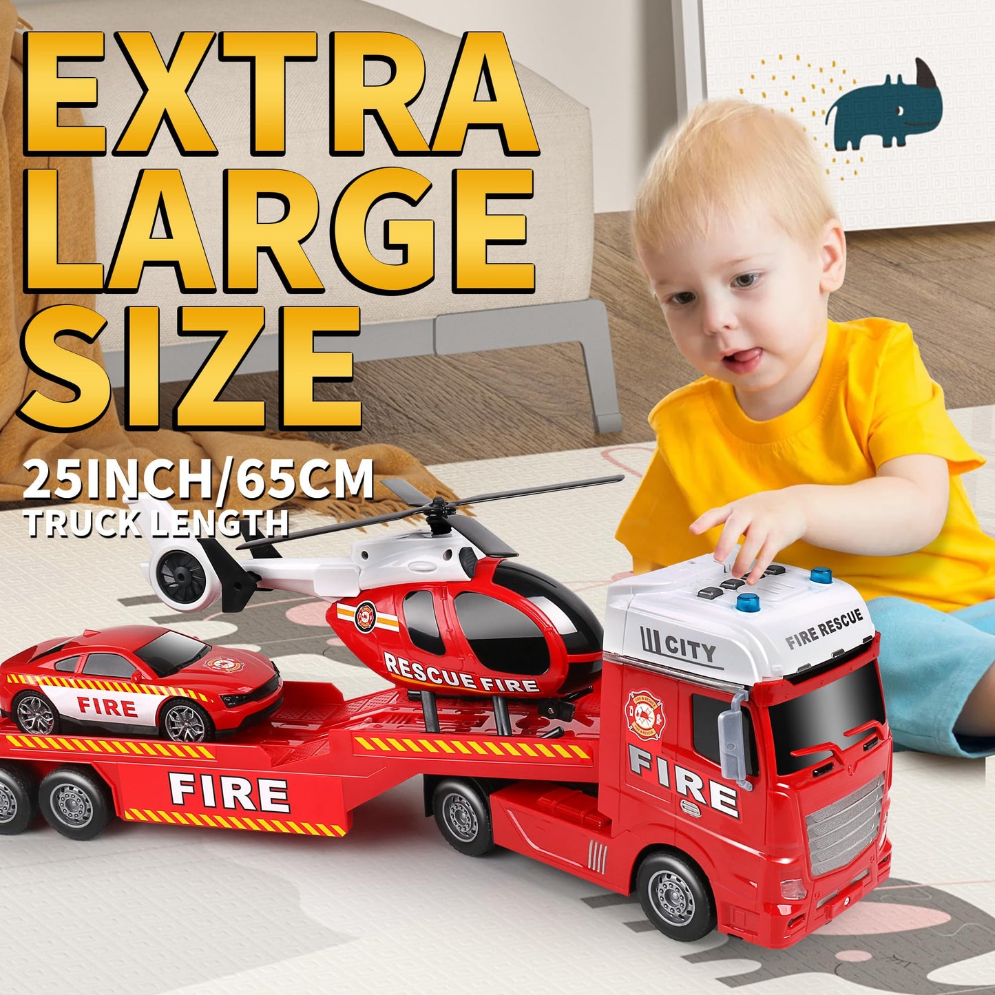 Dwi Dowellin 25.6'' Semi Truck Toy with Racing Car and Helicopter for Kids Toddlers - Fire Toys,Birthday Gifts for Boy Toddler C