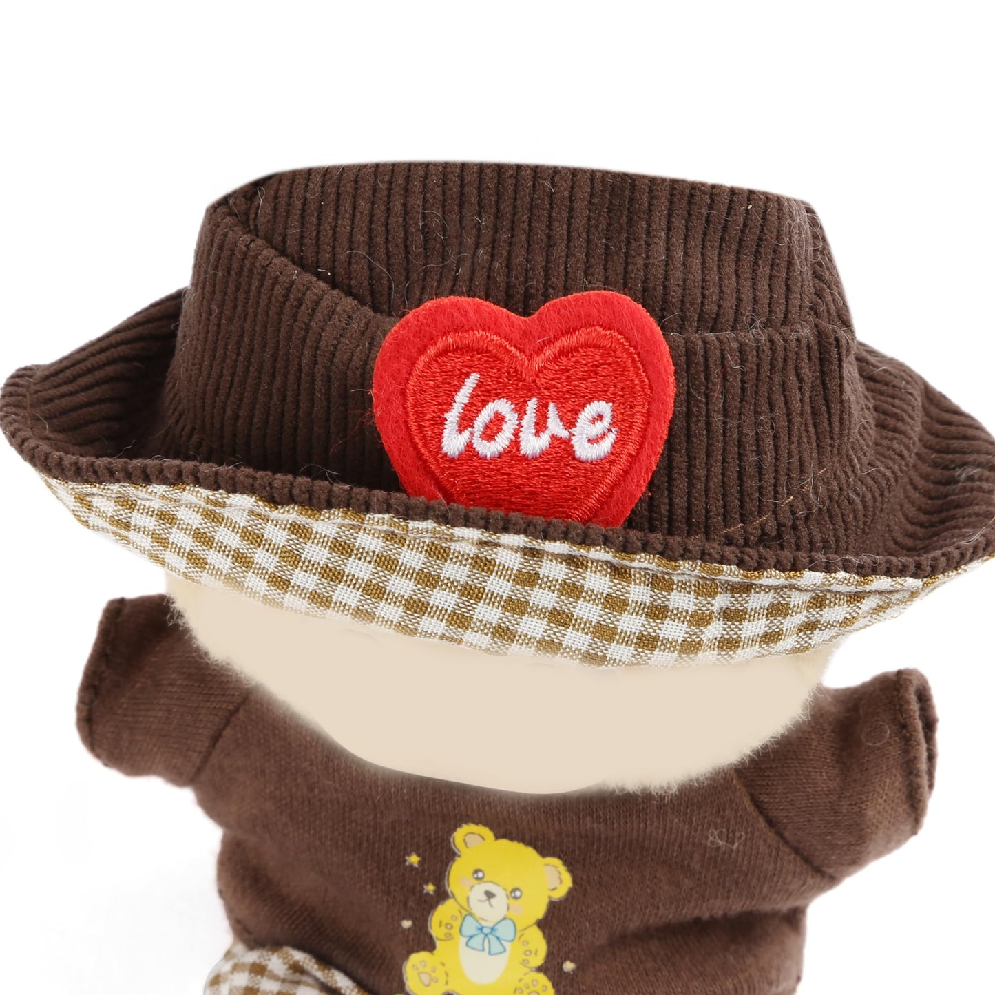 3-Piece Doll Clothes for 17cm Doll - Stylish Fisherman Hat Set  Kawaii Doll Outfits with Accessories for Collectors or Display - Coffee Bear (No Doll)