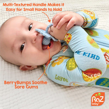 Razbaby Razberry Silicone Teether Pacifier – Teething Relief For Infants, Food-Grade, Bpa-Free, Hands-Free, Natural Berrybumps Fruit Texture For Sensory Development, Freezable, 2-Pack - Red & Blue