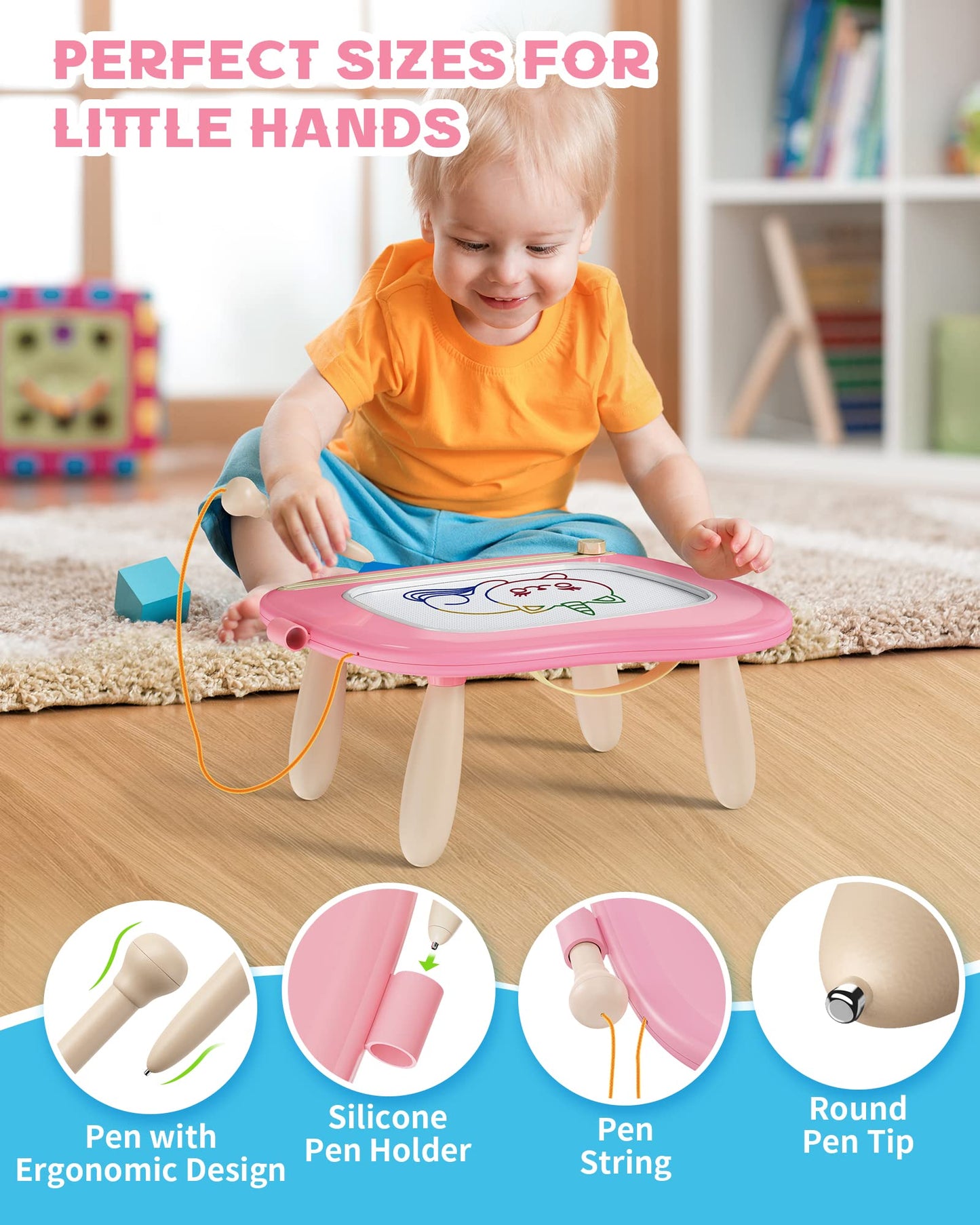 Bravokids Toddler Toys , Sturdy Magnetic Drawing Board, Colorful Doodle Sketch Pad Educational Learning Sensory Toy Birthday Gifts For 1 2 3 Years Old Girls Boys (Pink)