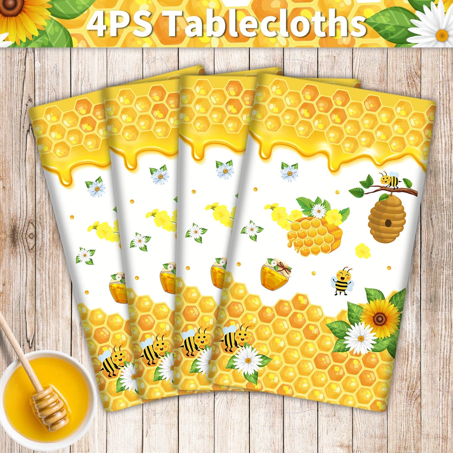 4 Pack Bee Tablecloth Happy Bee Day Tablecloths Rectangle Honey Bees Bumble Table Cover Bee Theme Party Tablecloth For Bee Baby