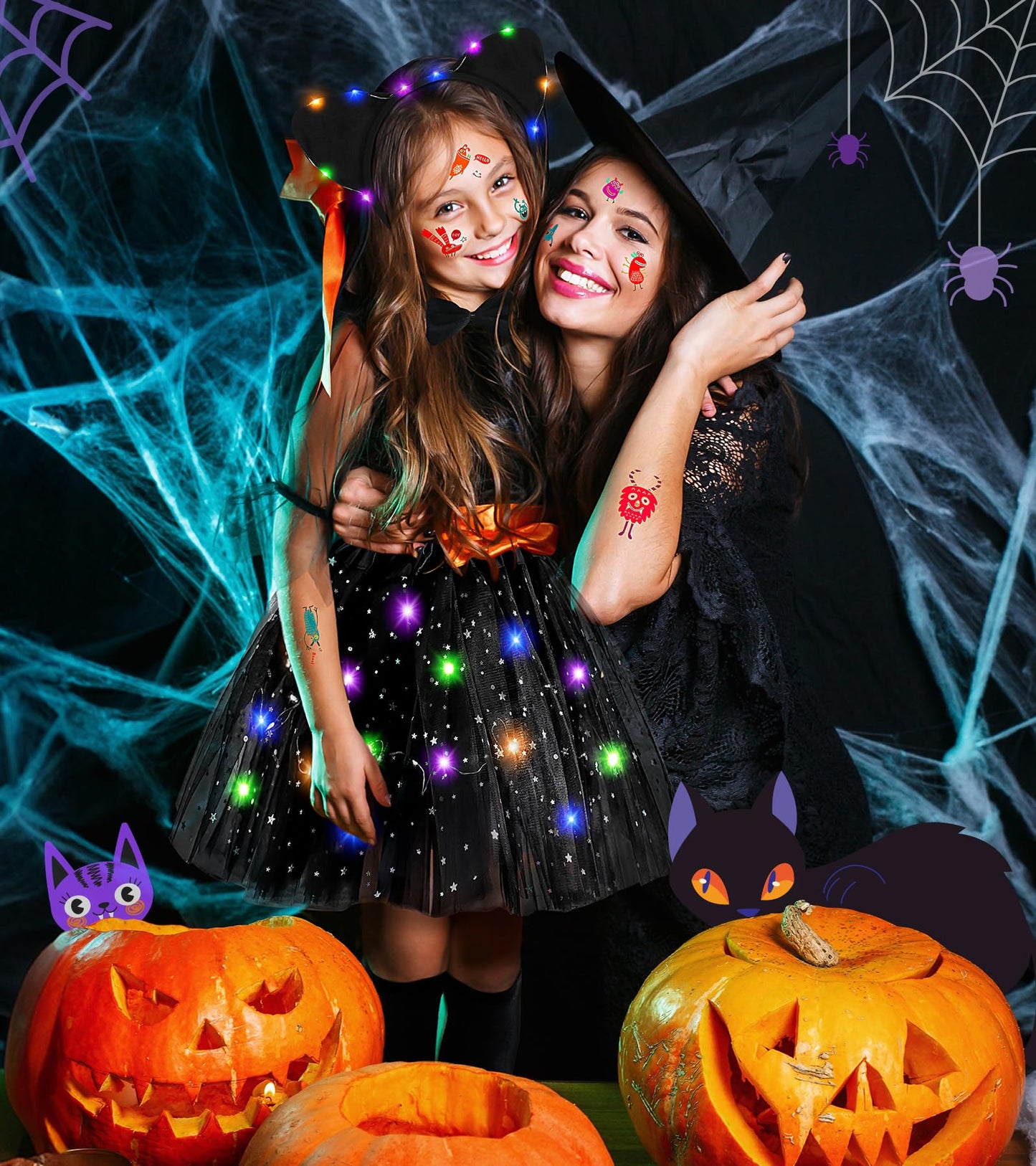 Teuevayl Black Cat Costume for Girls, 7 Pcs Kids Cat Costume with LED Light Up Tutu Skirt Cat Ears, Halloween Costumes for Girls