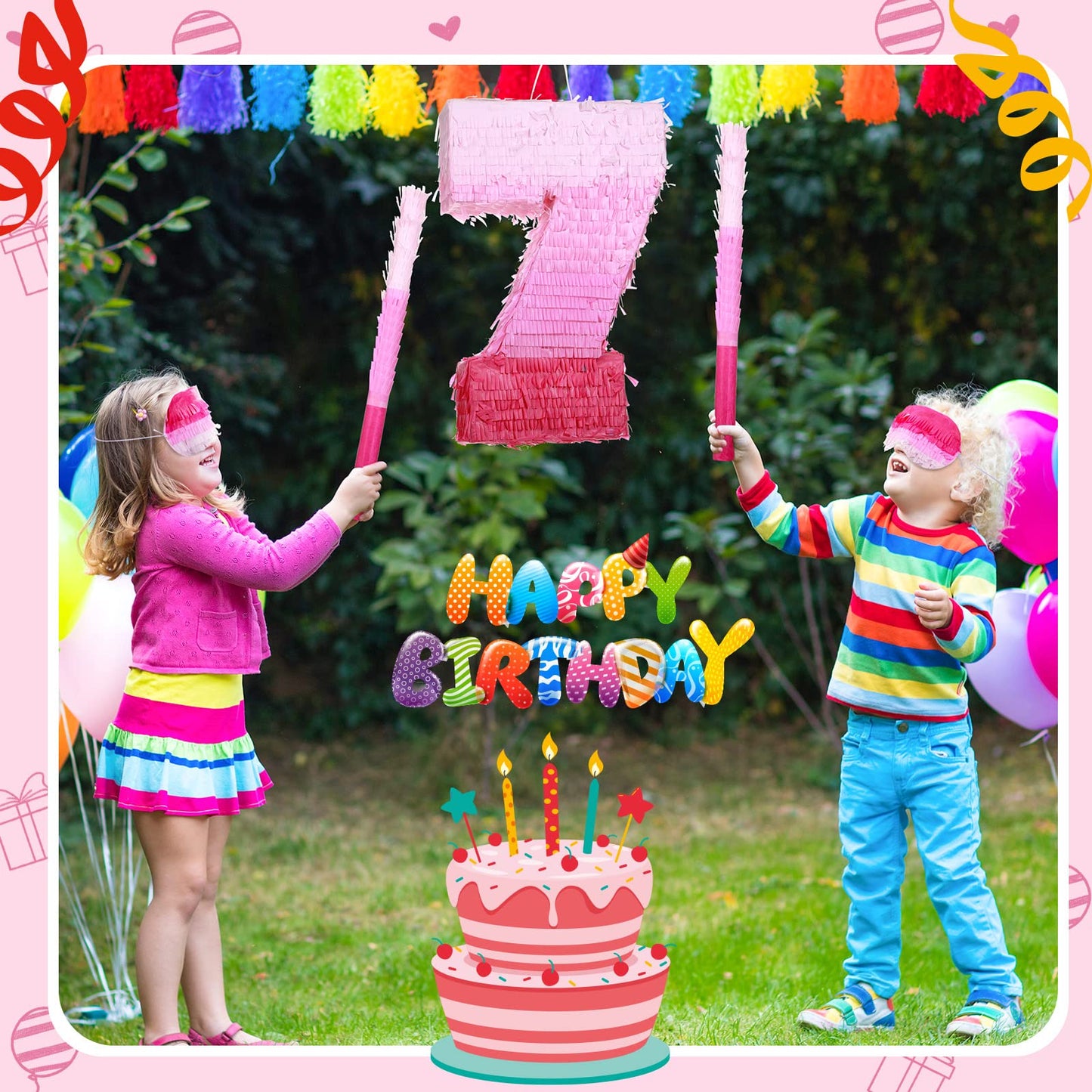 Sratte Number Piñata Pink Piñata Birthday Decorations Gradient With Stick Blindfold Confetti For Girls Boys Birthday Anniversary Party Decorations Supplies(Number 7)