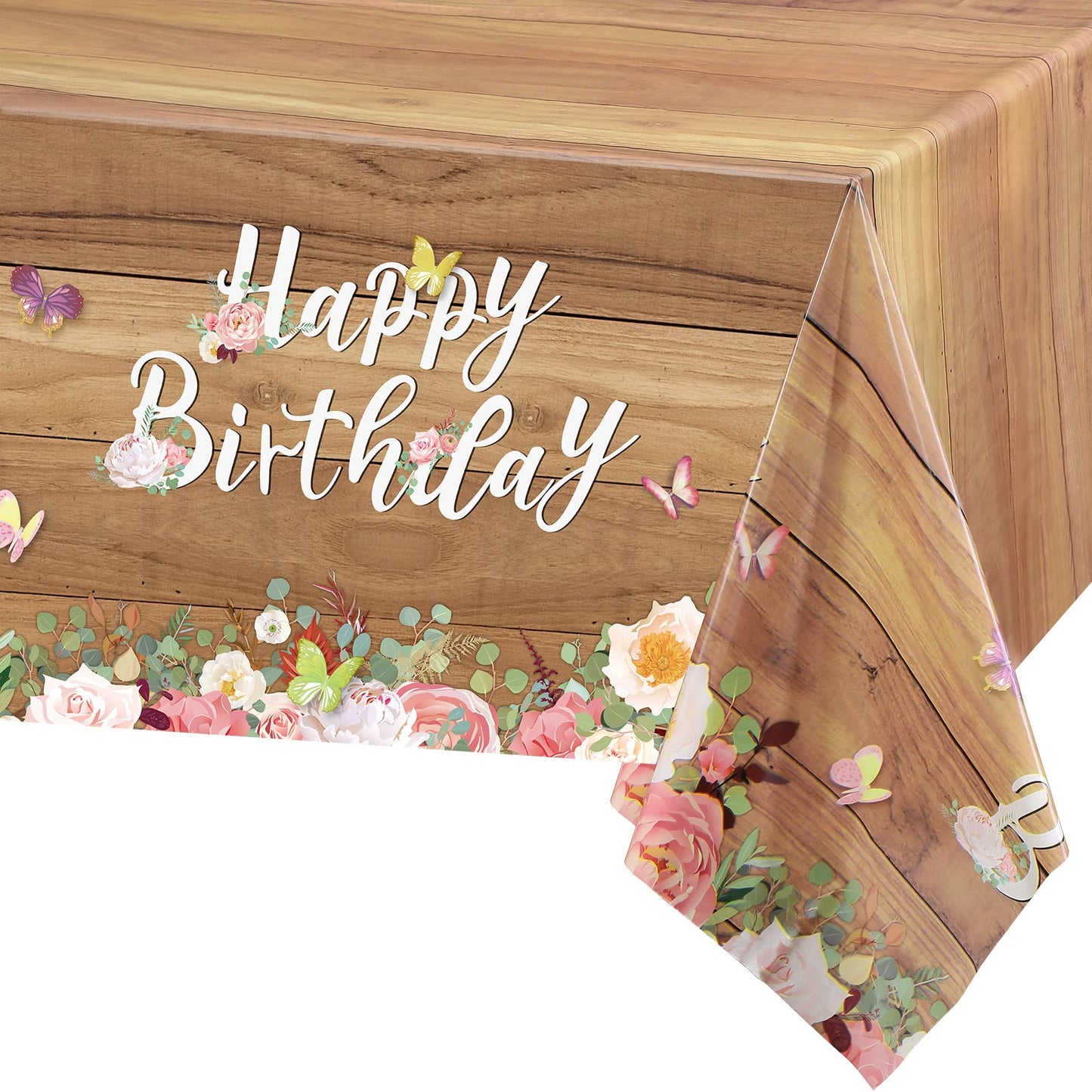 Floral Happy Birthday Tablecloths Cute Butterfly Wood Grain Table Cover Flower Birthday Disposable Tablecover Butterfly Floral P