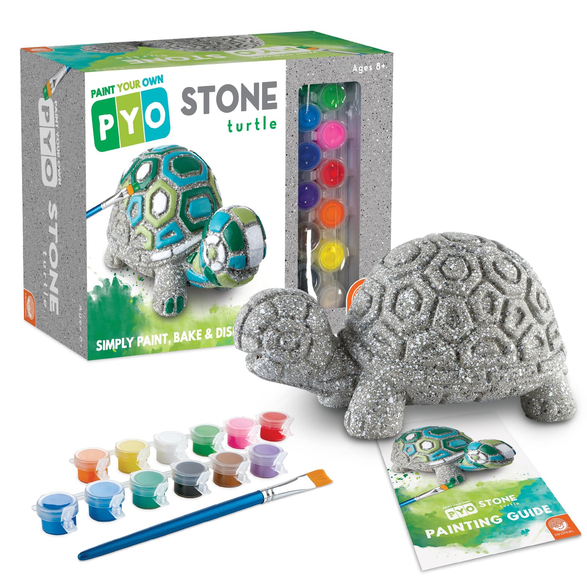 MindWare Paint Your Own Stone Decor: Box Turtle - DIY Craft Kit for Kids Includes Weather Resistant Stone, Paints and Brushes