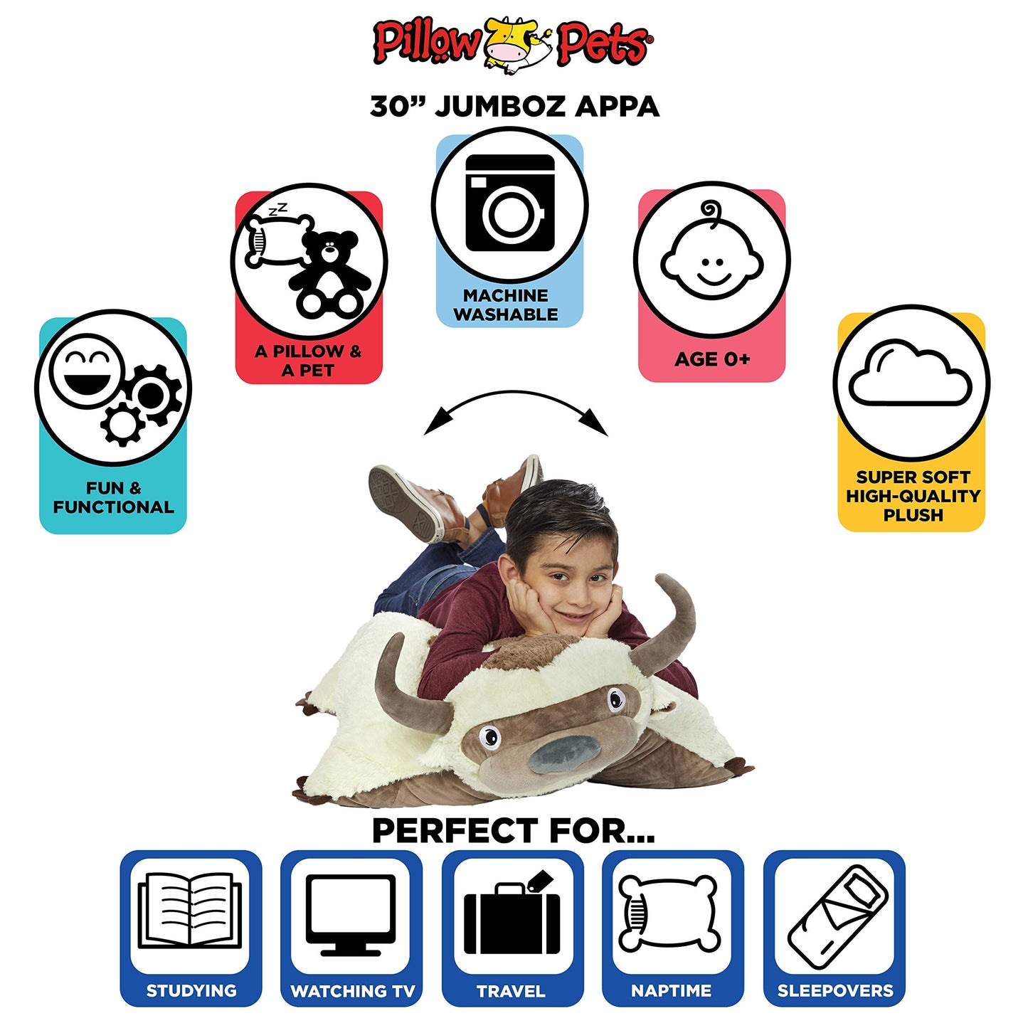 Pillow Pets Jumboz Appa Plush Toy, 30" White Stuffed Animal, Nickelodeon Avatar: The Last Airbender, Model 01402615H