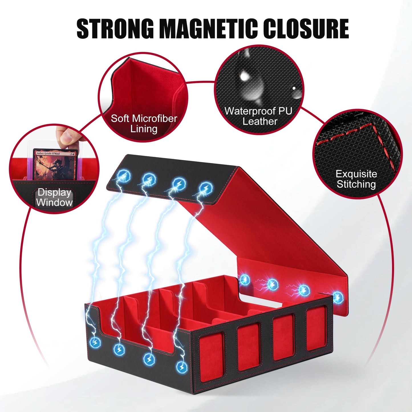 Kabinka Trading Card Storage Box with Commander Display  4-Row Deck Case with Removable Lid; 2400+ Card Deck Box for MTG TCG Sports Card  4 Toploaders  4 Stoppers  24 Dividers 1 Dice Bag (Black Red)