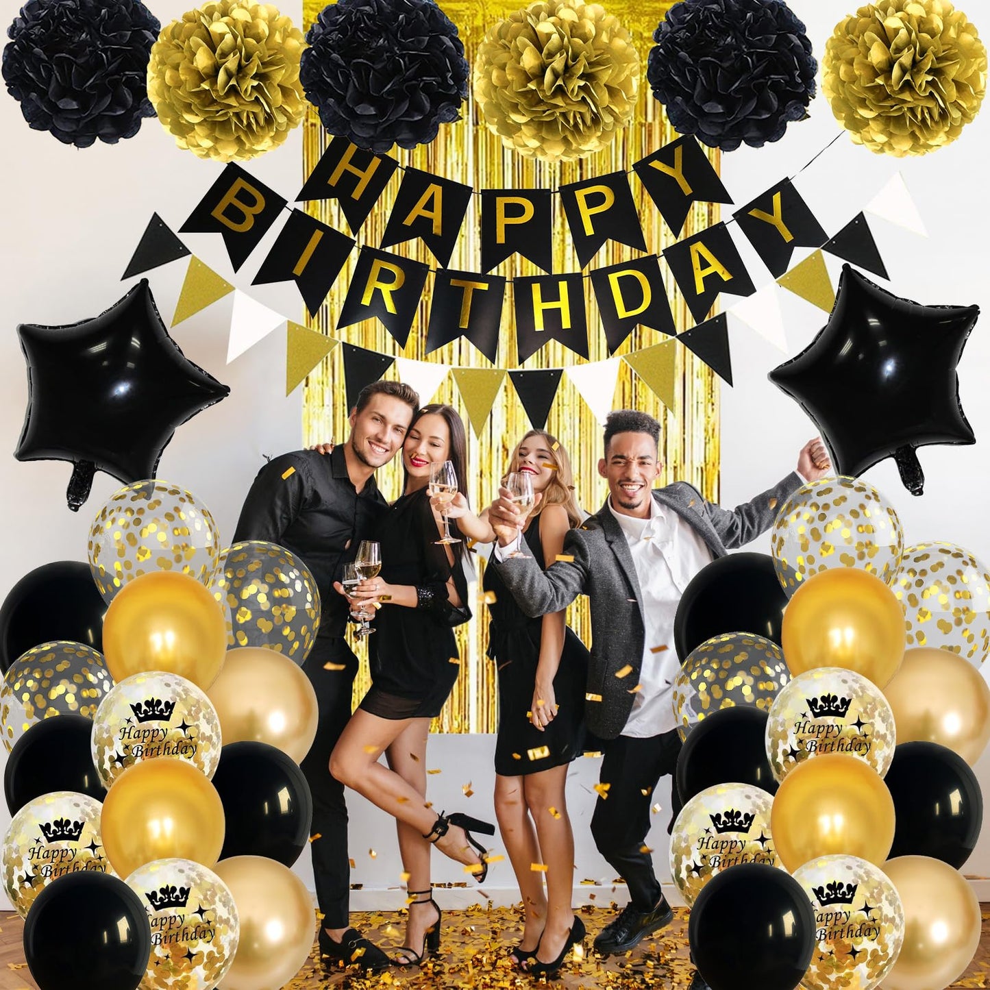 Black And Gold Birthday Decorations, Gold Black Foil Confetti Birthday Balloons Black Foil Balloon Happy Birthday Banner Pom Pom