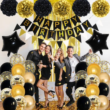 Black And Gold Birthday Decorations, Gold Black Foil Confetti Birthday Balloons Black Foil Balloon Happy Birthday Banner Pom Pom