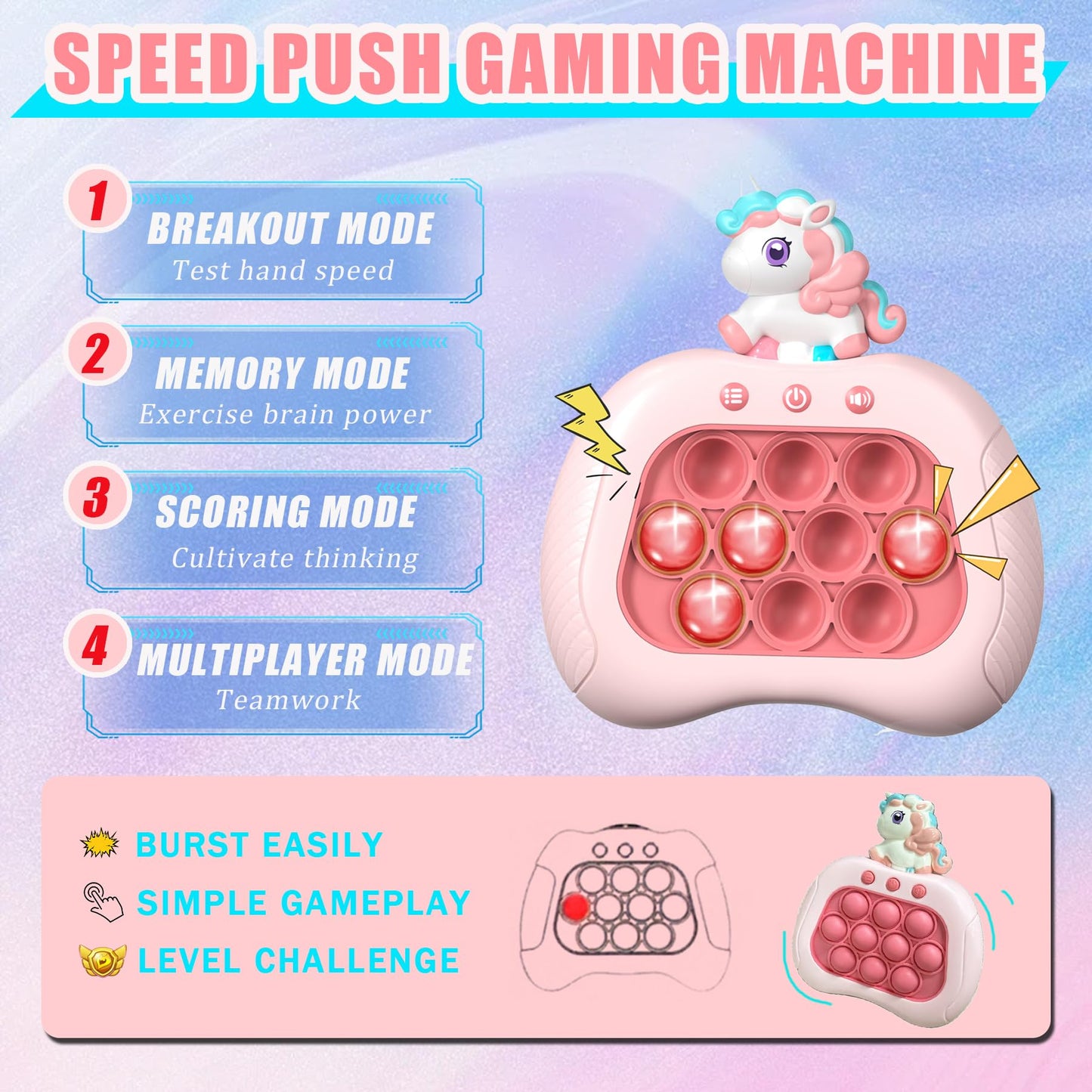 Valentine'S Day Unicorn Pop Push Game Toy For Kids,Unicorn Quick Fast Push Pop Puzzle Handheld Game Light Up Fidget Toy,Funny Po